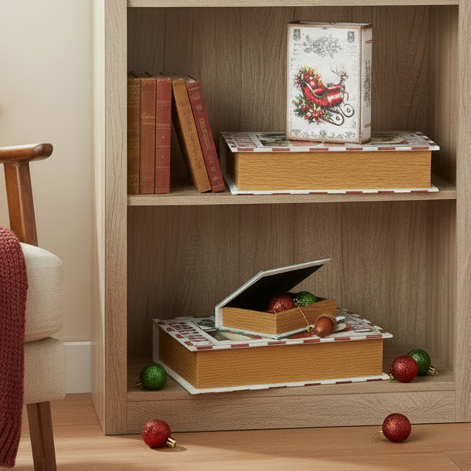 Storage Book Sleigh & Reindeer Set of 3, Christmas, Storage Box, Holiday Decor