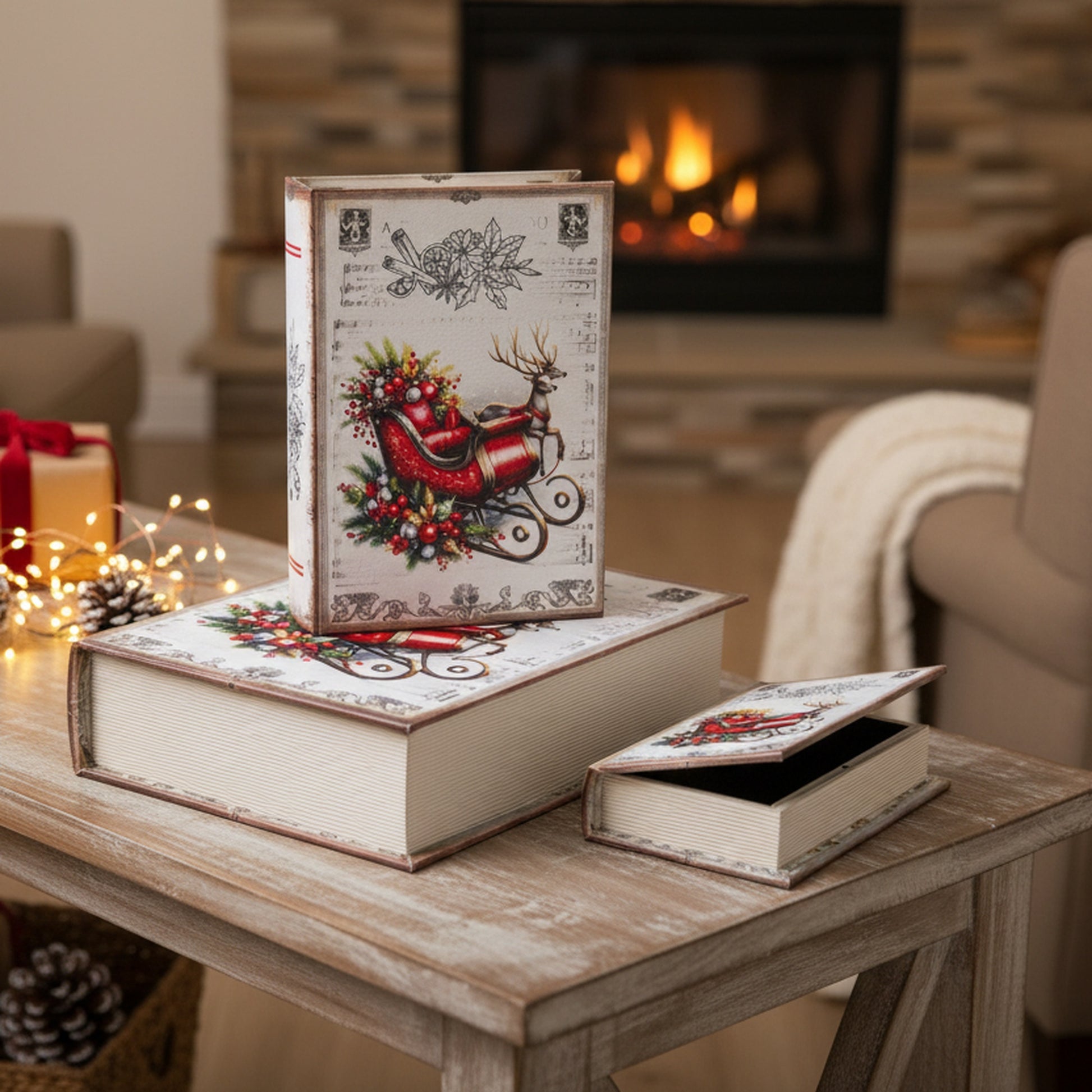 Storage Book Sleigh & Reindeer Set of 3, Christmas, Storage Box, Holiday Decor
