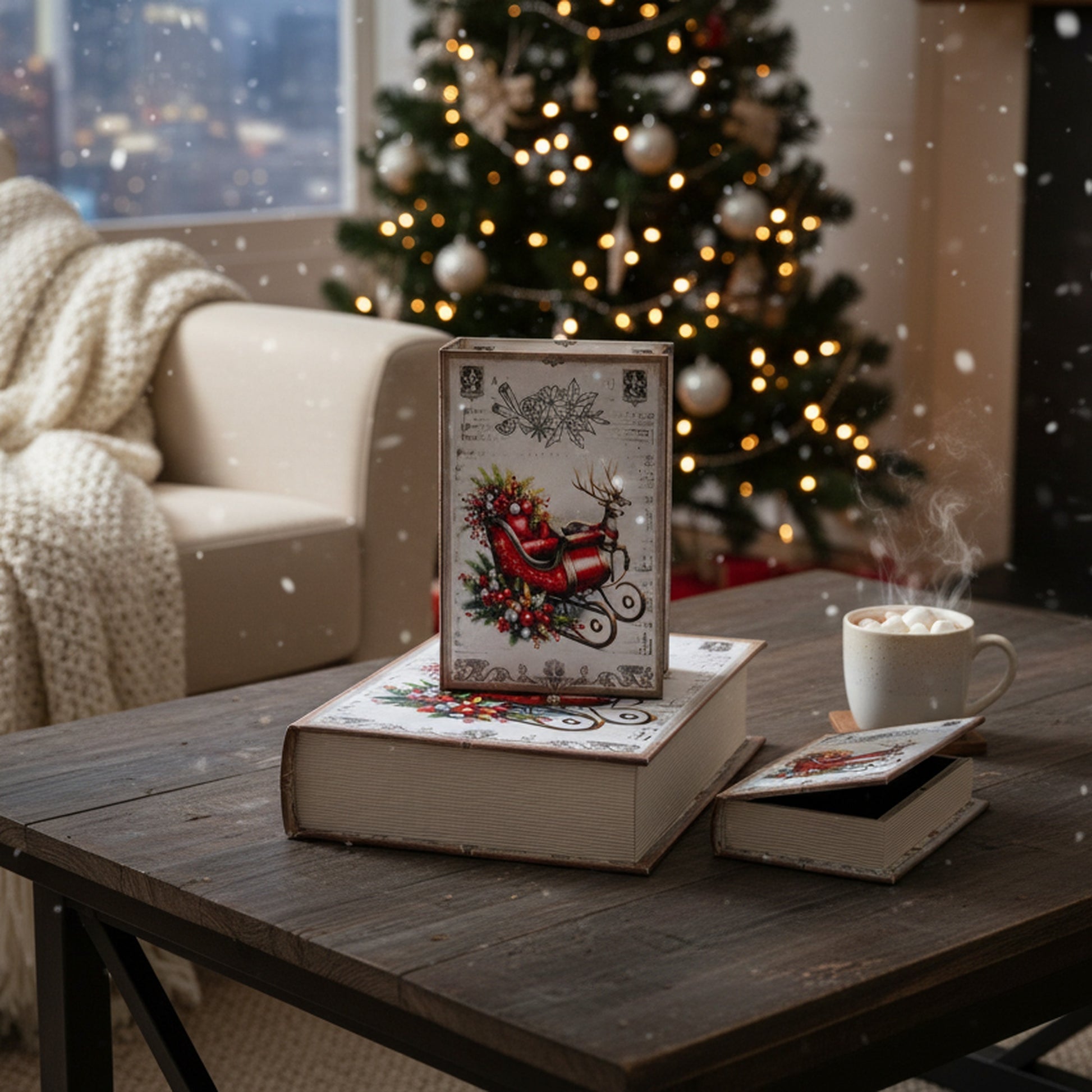 Storage Book Sleigh & Reindeer Set of 3, Christmas, Storage Box, Holiday Decor
