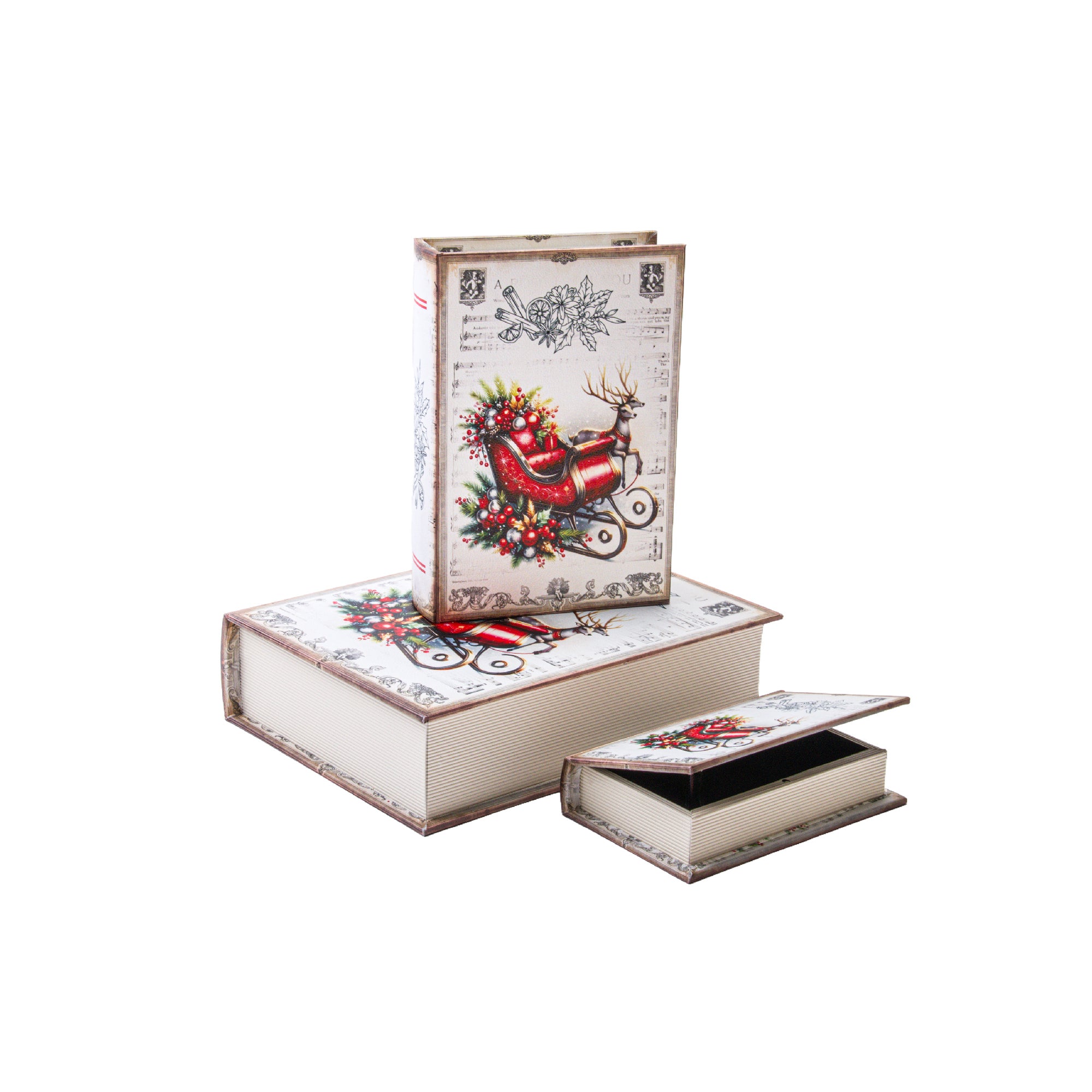 Storage Book Sleigh & Reindeer Set of 3, Christmas, Storage Box, Holiday Decor