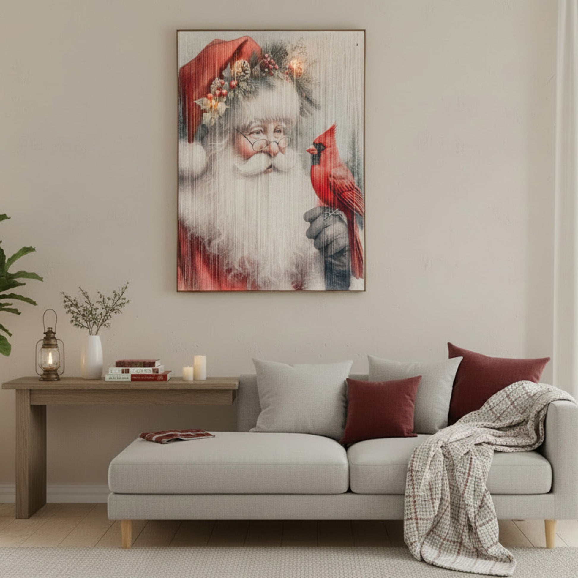 LED Thread Framed Wall Art Santa Holding Cardinal, Christmas, Wall Decor, Holiday Decor