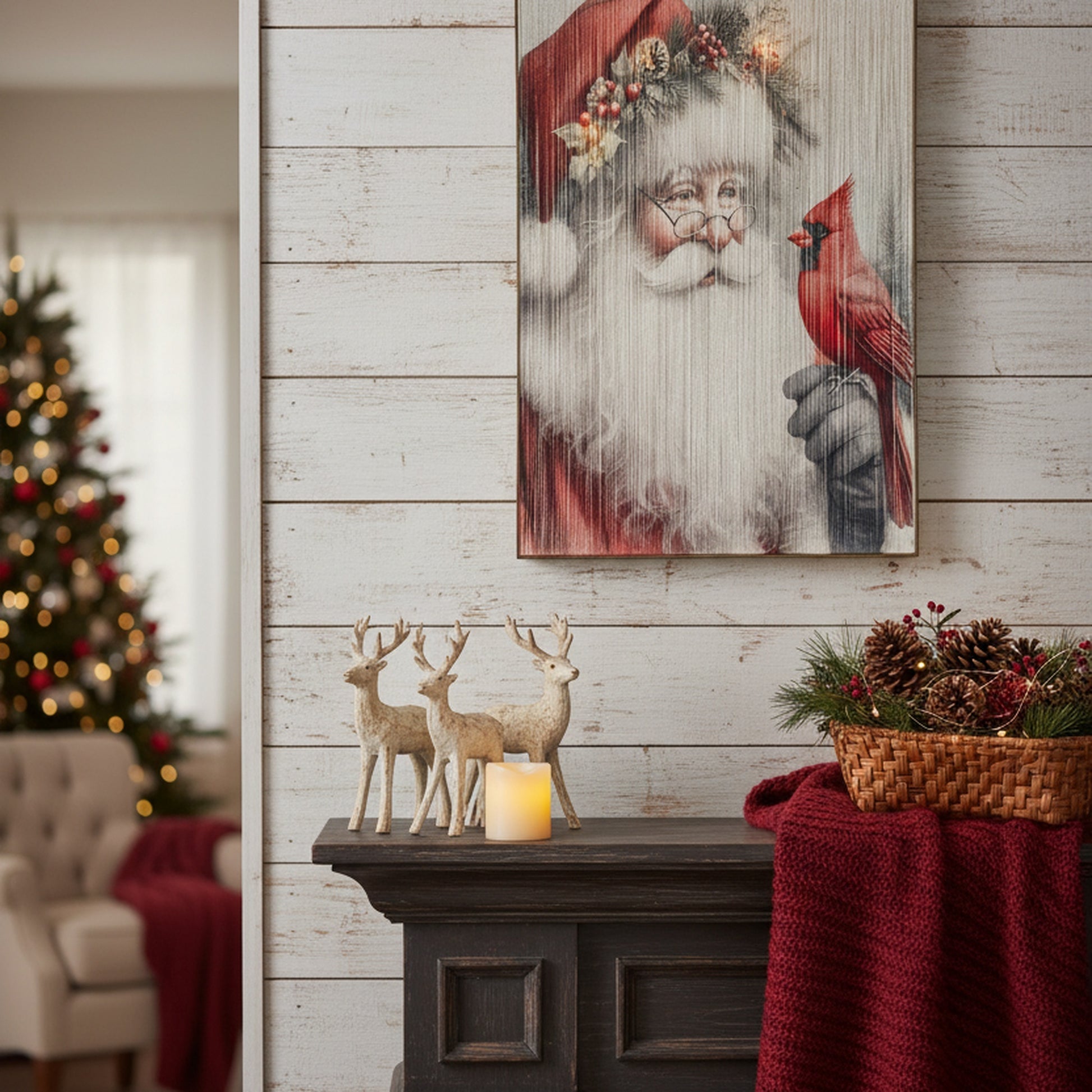 LED Thread Framed Wall Art Santa Holding Cardinal, Christmas, Wall Decor, Holiday Decor