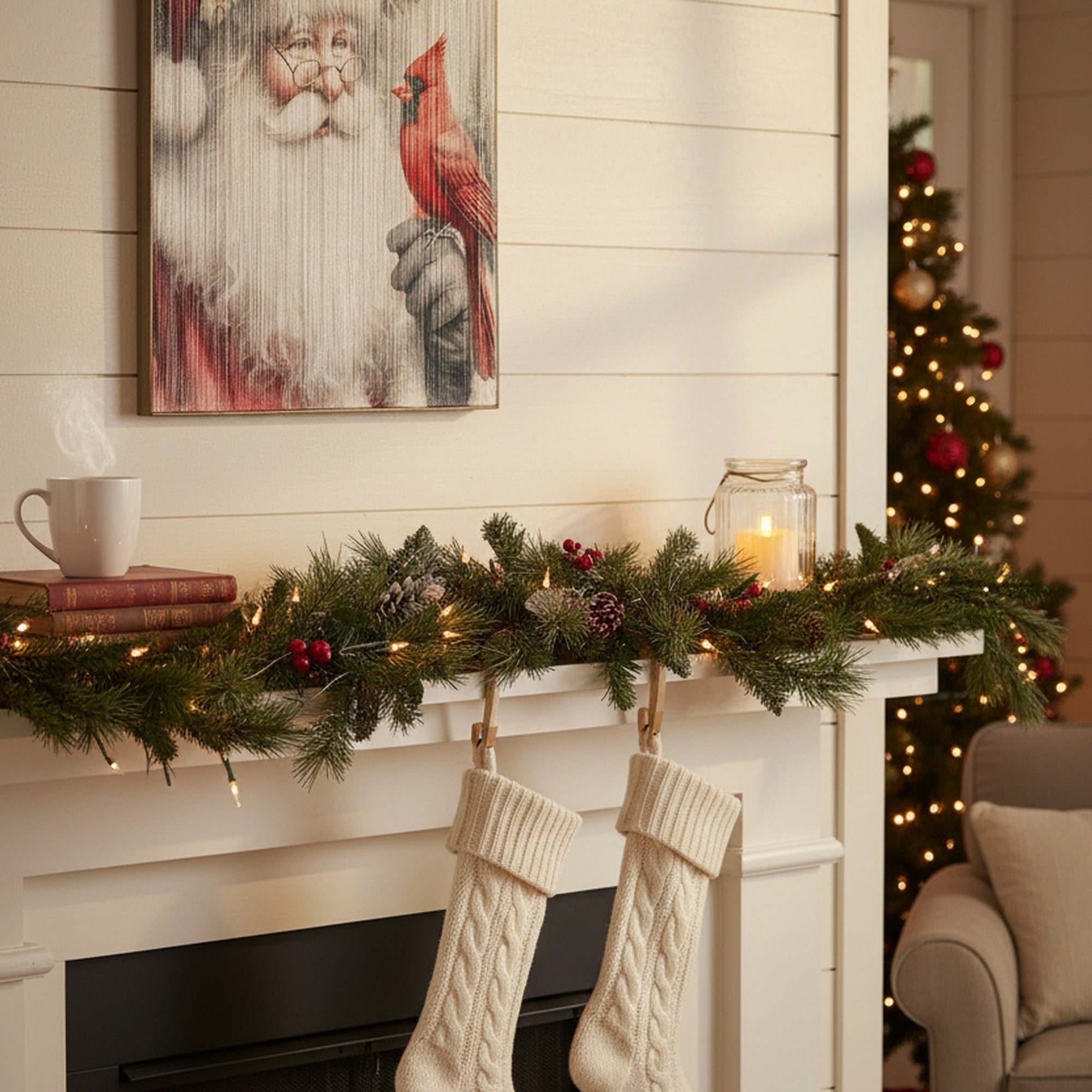 LED Thread Framed Wall Art Santa Holding Cardinal, Christmas, Wall Decor, Holiday Decor