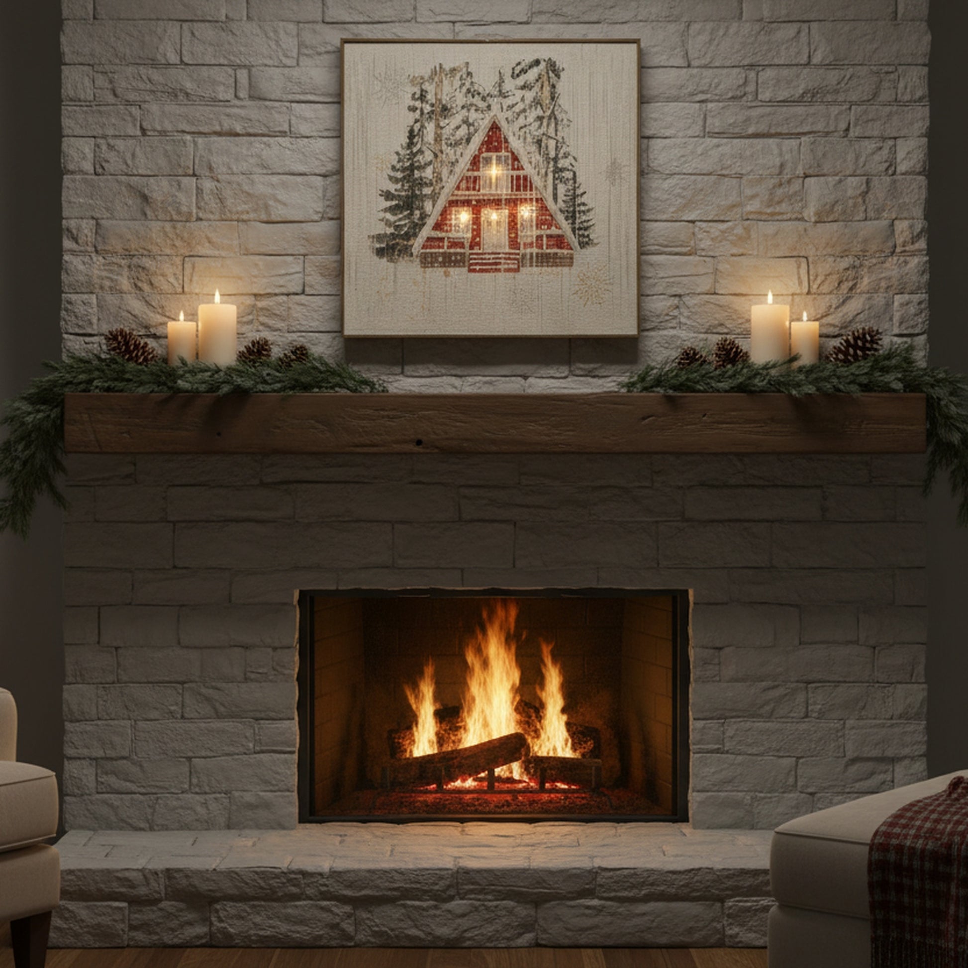 LED Thread Framed Wall Art Winter Cabin, Winter, Wall Decor, Holiday Decor