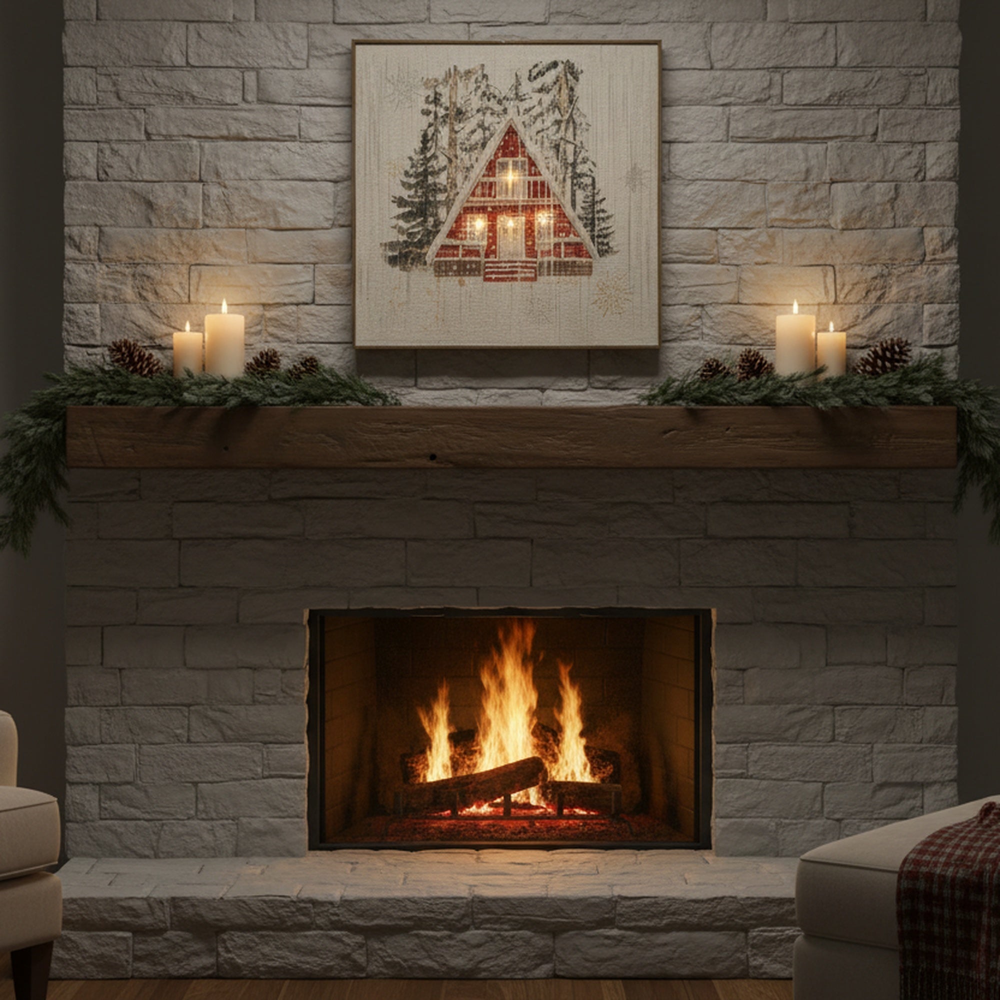 LED Thread Framed Wall Art Winter Cabin, Winter, Wall Decor, Holiday Decor