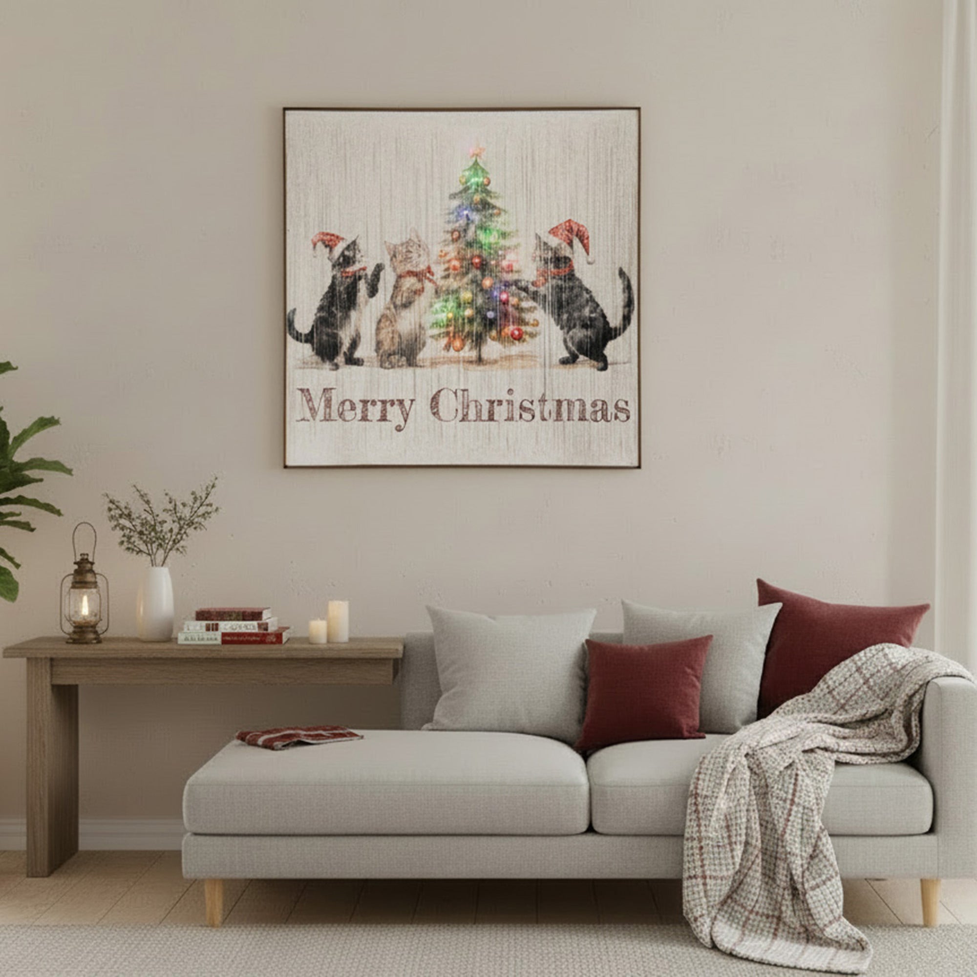 LED Thread Framed Wall Art Merry Christmas Tree with Cats, Christmas, Wall Decor, Holiday Decor