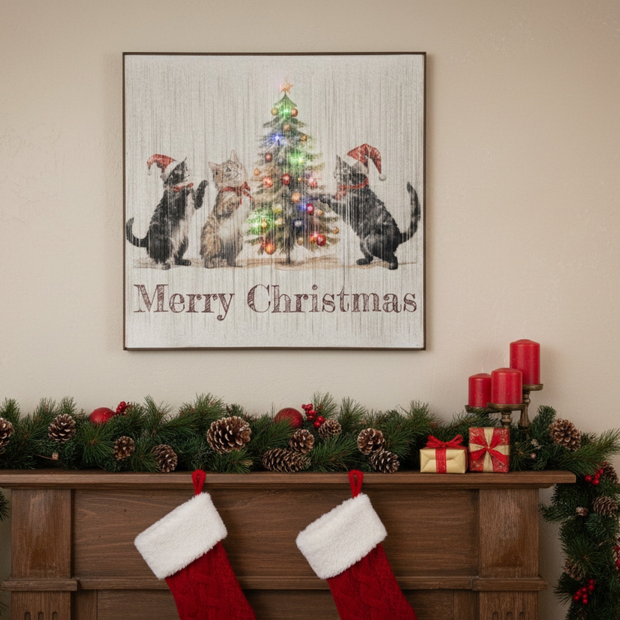 LED Thread Framed Wall Art Merry Christmas Tree with Cats, Christmas, Wall Decor, Holiday Decor