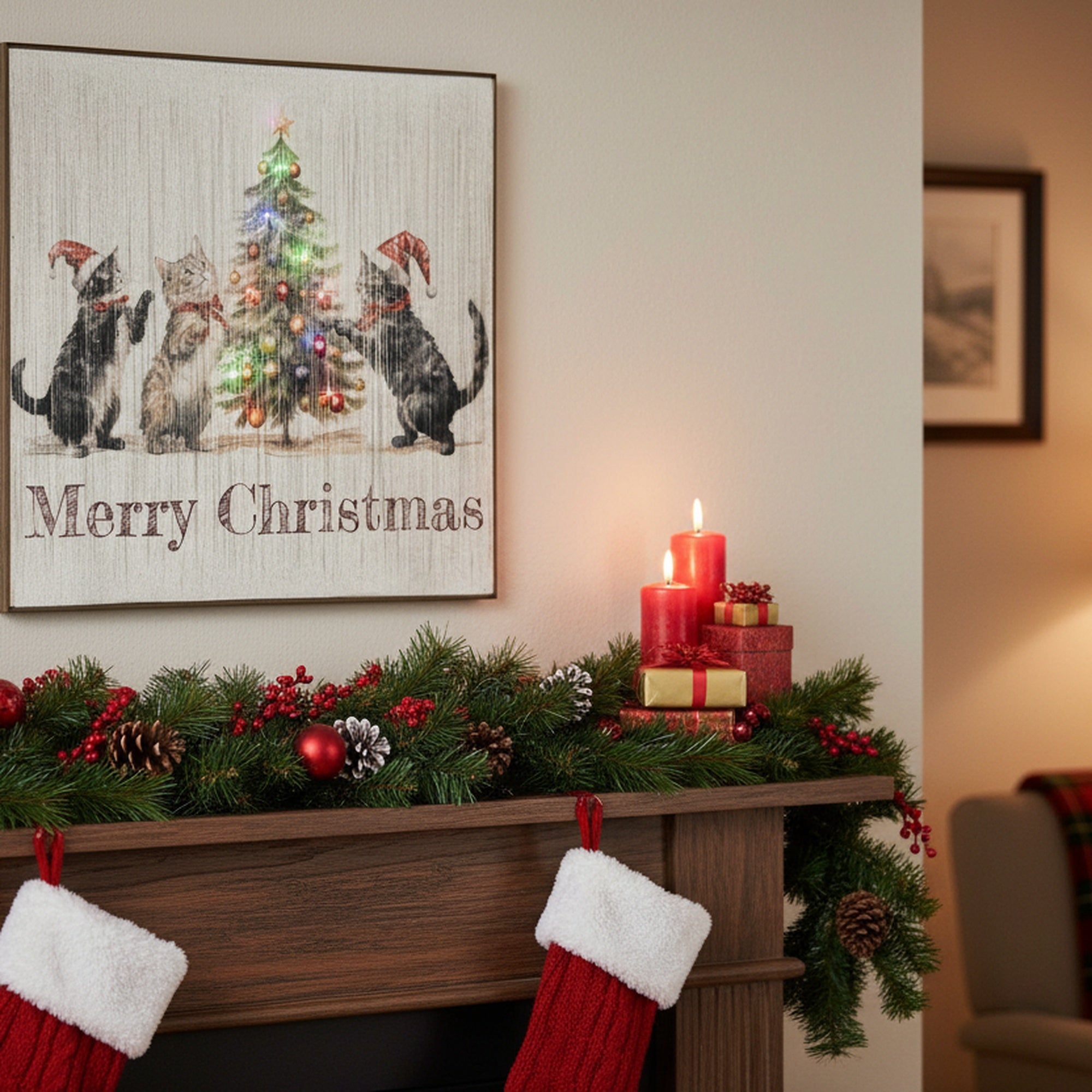 LED Thread Framed Wall Art Merry Christmas Tree with Cats, Christmas, Wall Decor, Holiday Decor