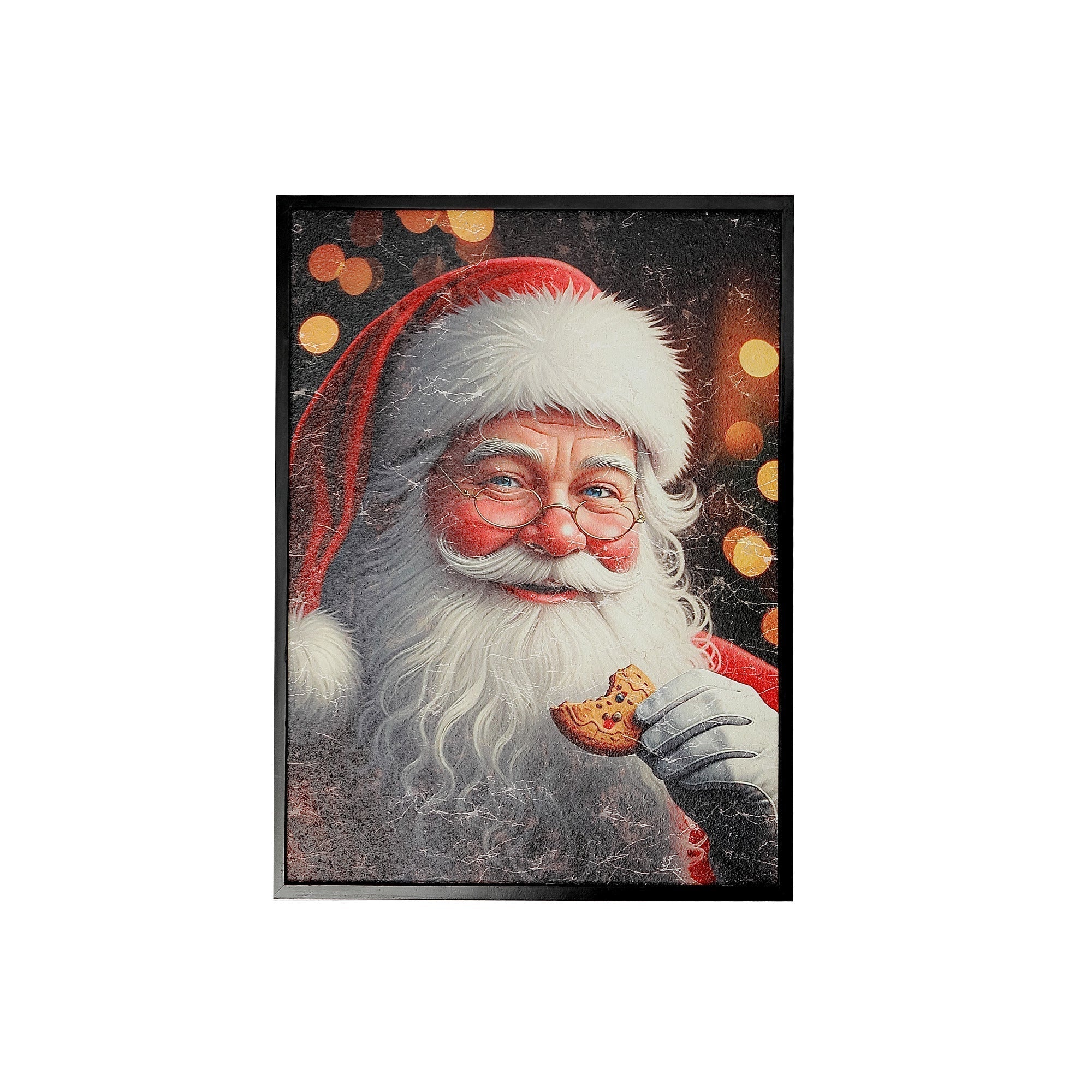 Recycled Paper Framed Wall Art Santa with Cookie – Christmas Wall Decor, Holiday Canvas, Eco-Friendly Artwork, Festive Winter Home Decoration