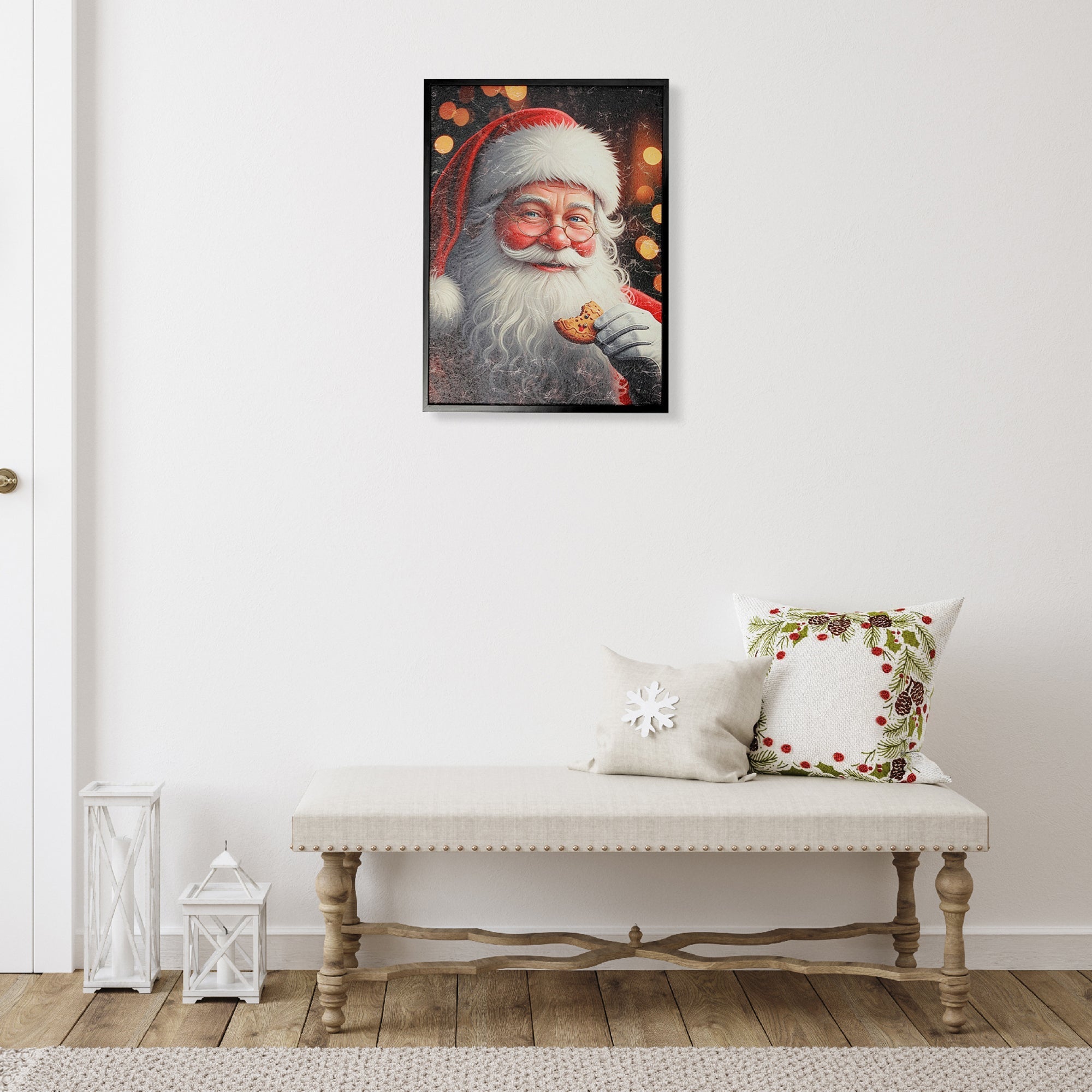 Recycled Paper Framed Wall Art Santa with Cookie – Christmas Wall Decor, Holiday Canvas, Eco-Friendly Artwork, Festive Winter Home Decoration