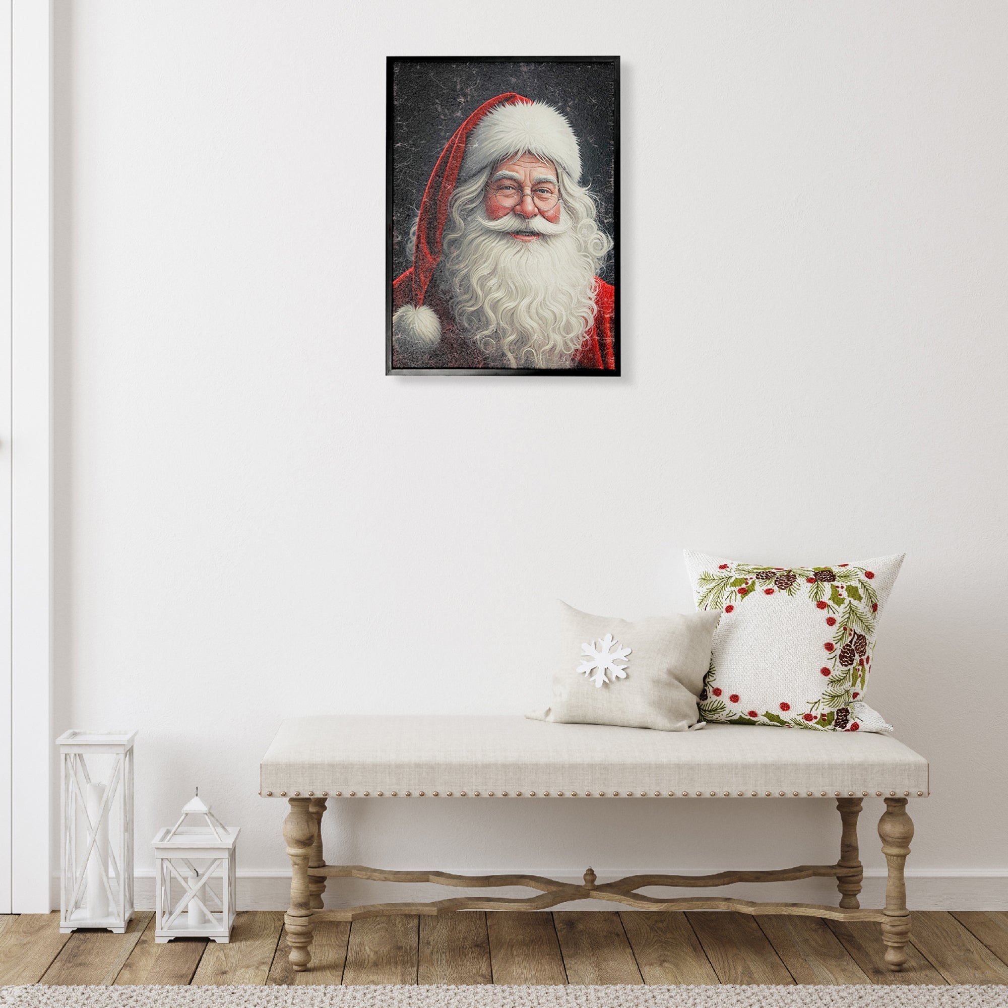 Recycled Paper Framed Wall Art Santa Portrait – Christmas Wall Decor, Holiday Canvas Artwork, Eco-Friendly Christmas Decoration, Festive Home Accent
