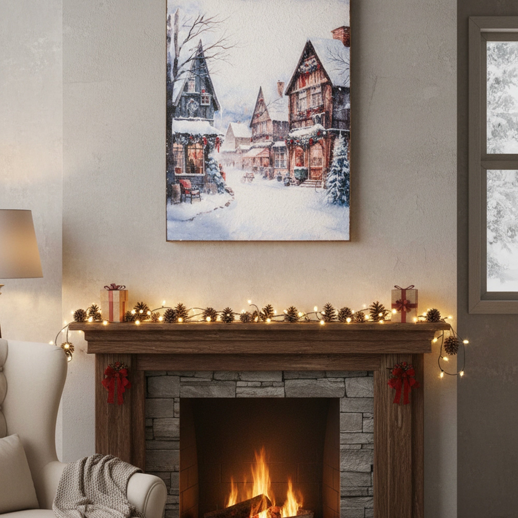 Recycled Paper Framed Wall Art Winter Village, Winter, Wall Decor, Holiday Decor