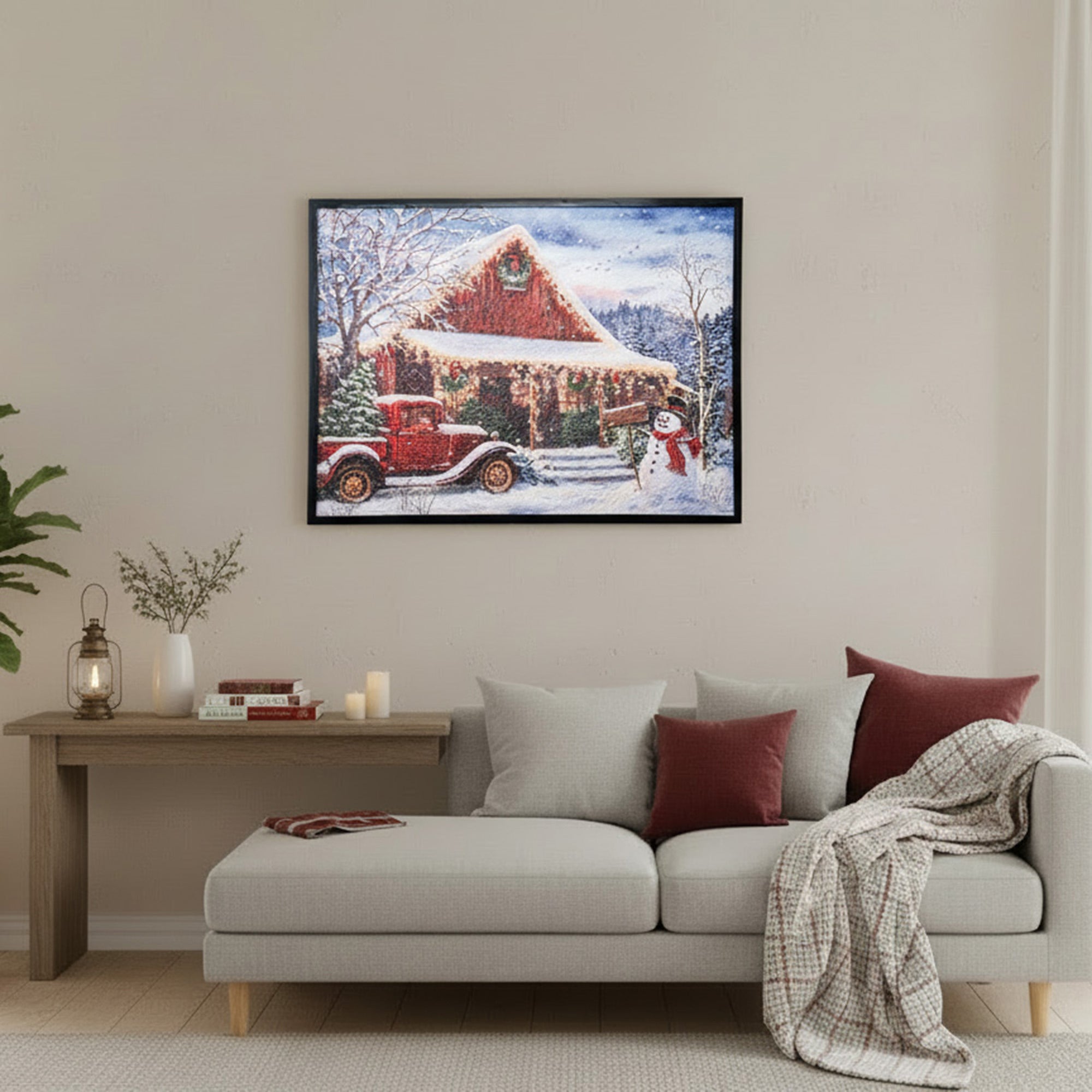 Recycled Paper Framed Wall Art Winter Cabin with Truck, Winter, Wall Decor, Holiday Decor