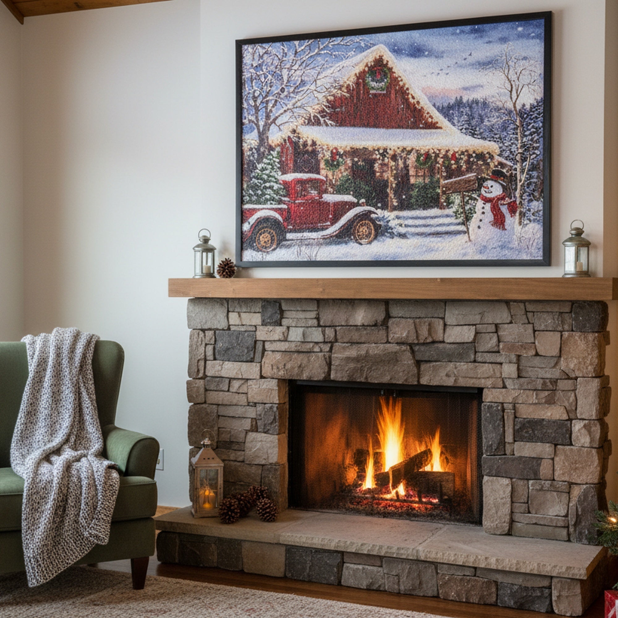 Recycled Paper Framed Wall Art Winter Cabin with Truck, Winter, Wall Decor, Holiday Decor