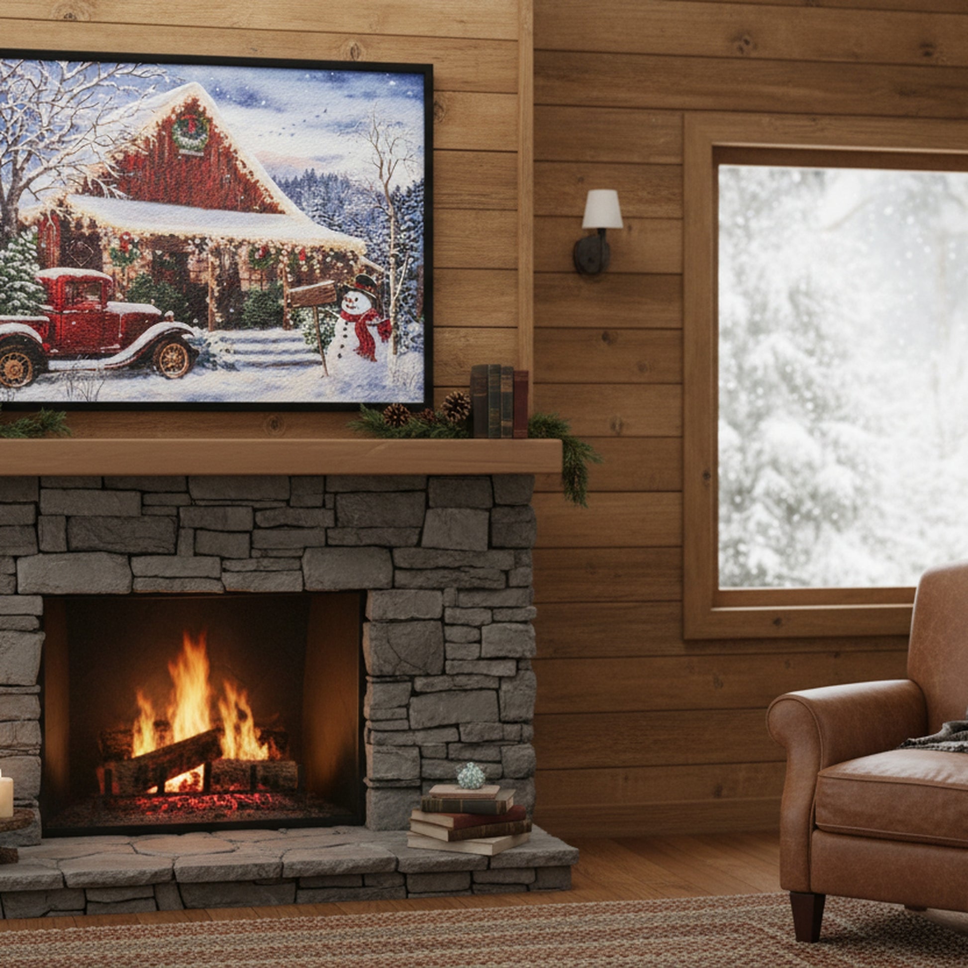 Recycled Paper Framed Wall Art Winter Cabin with Truck, Winter, Wall Decor, Holiday Decor