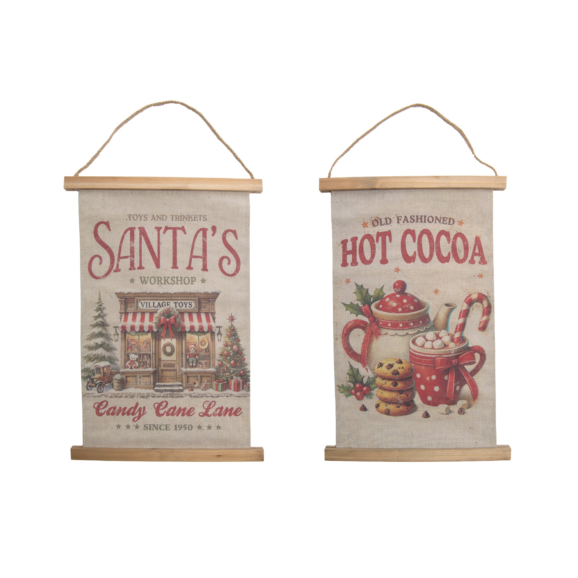 Wall Scroll Santa's Workshop / Hot Cocoa Assorted, Christmas, Holiday Decor- Set of 2