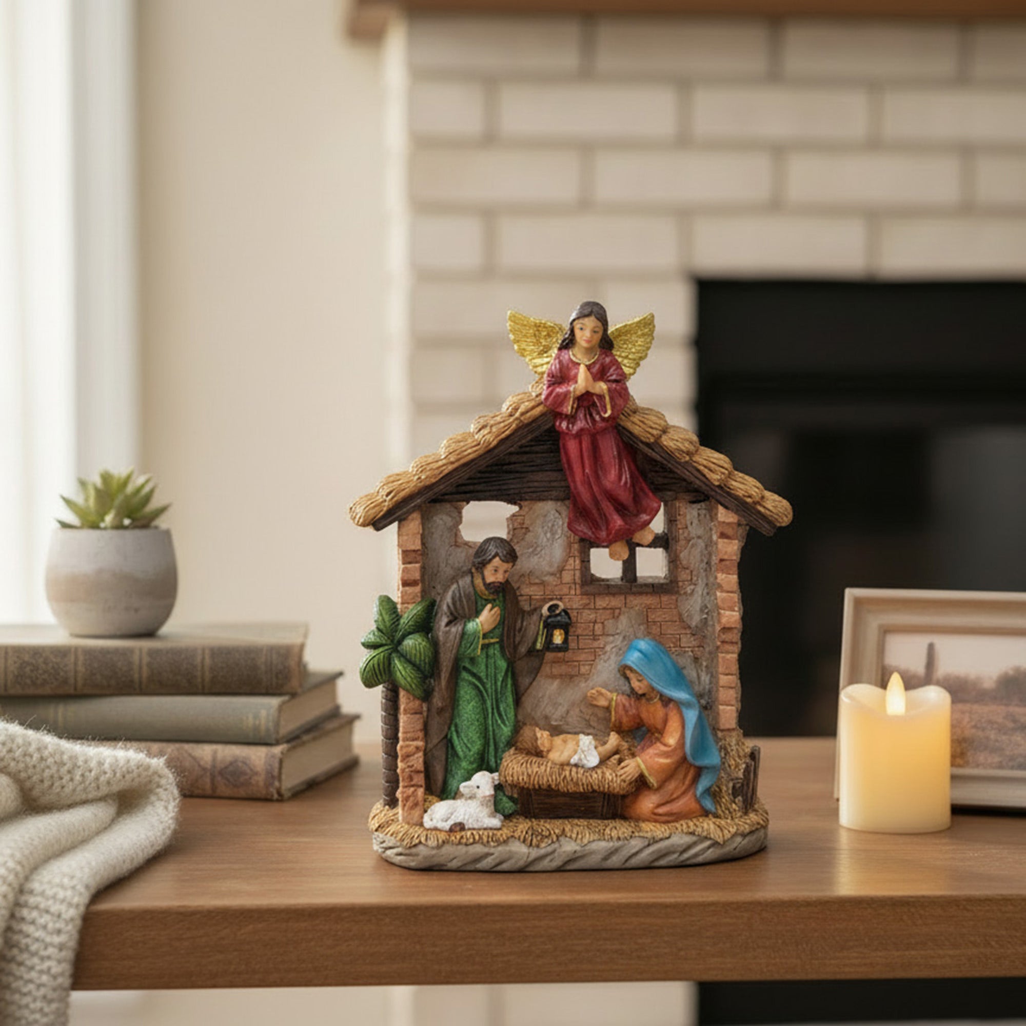 Polyresin Holy Family with Angel, Christmas, Figurine, Holiday Decor
