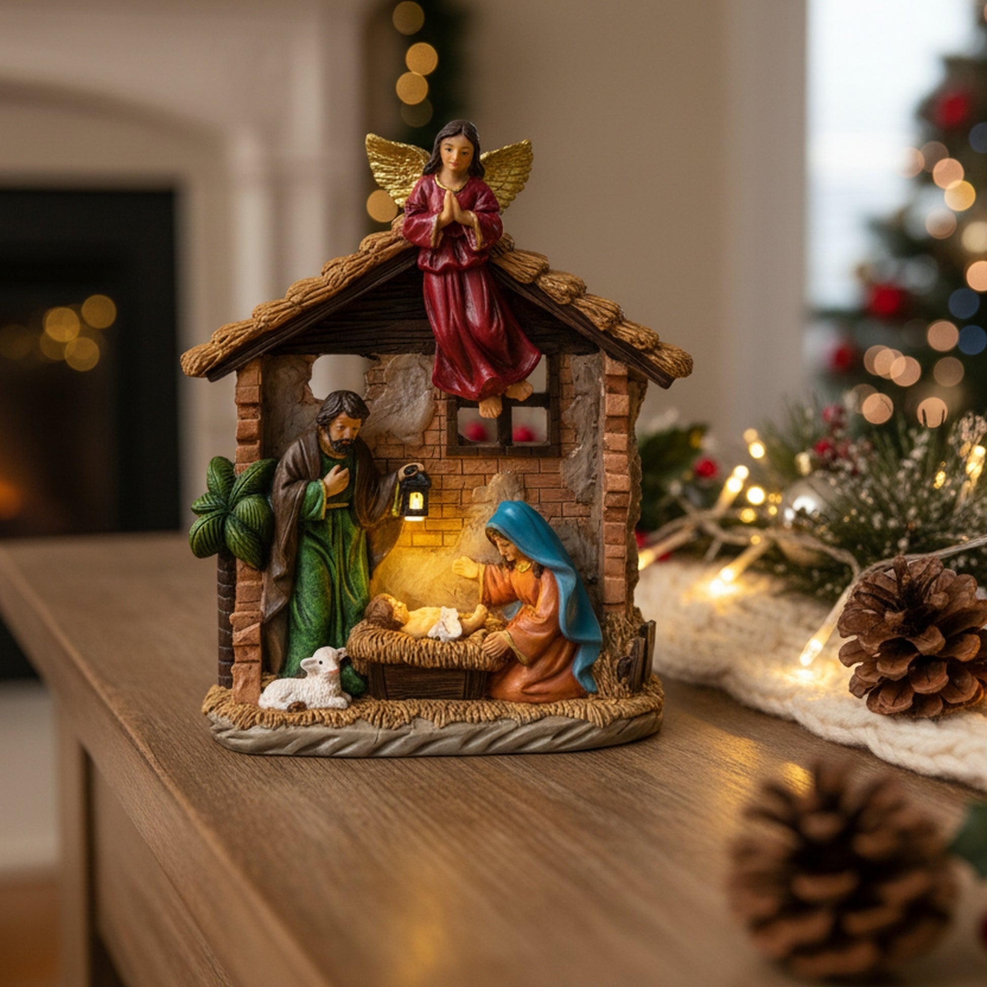 Polyresin Holy Family with Angel, Christmas, Figurine, Holiday Decor