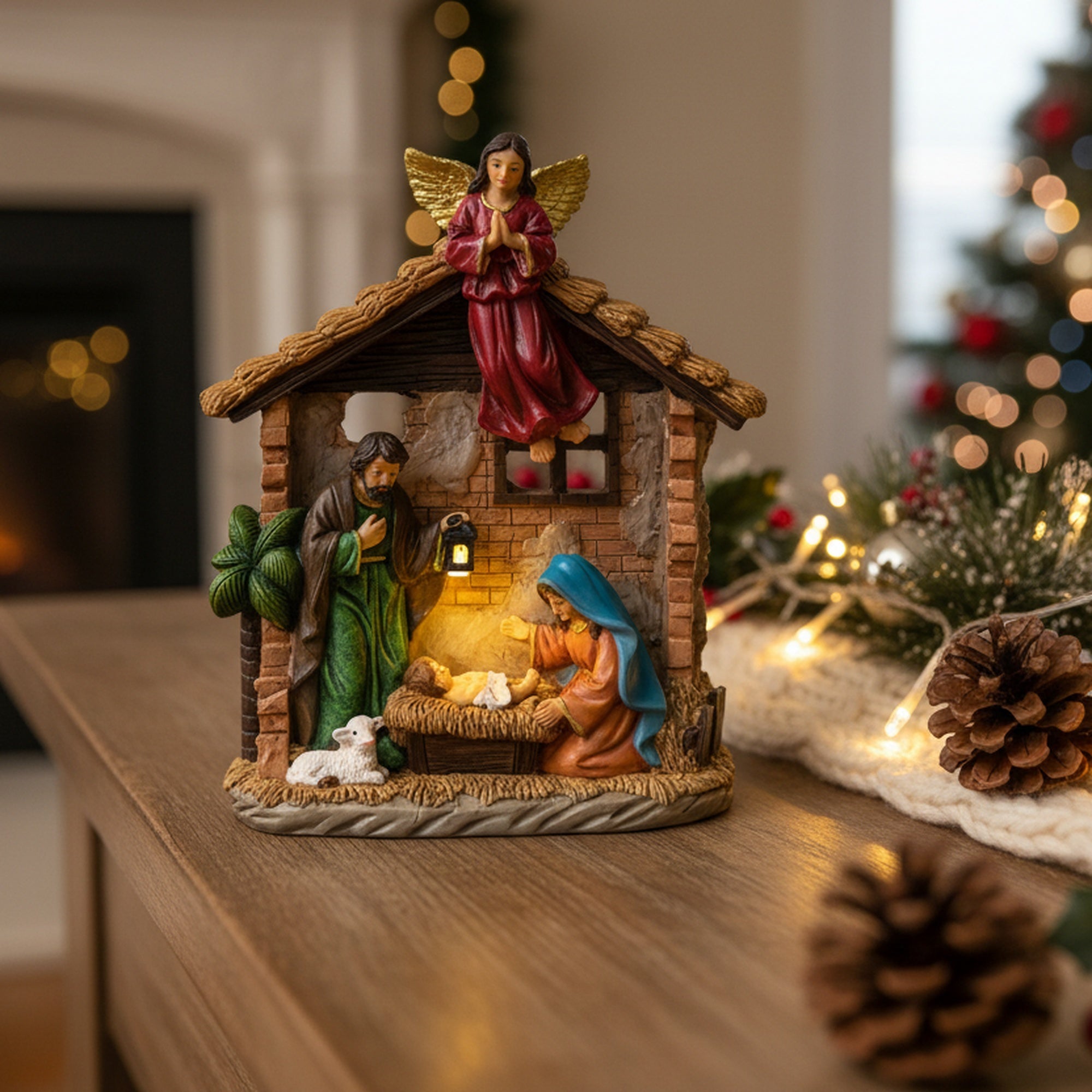Polyresin Holy Family with Angel, Christmas, Figurine, Holiday Decor