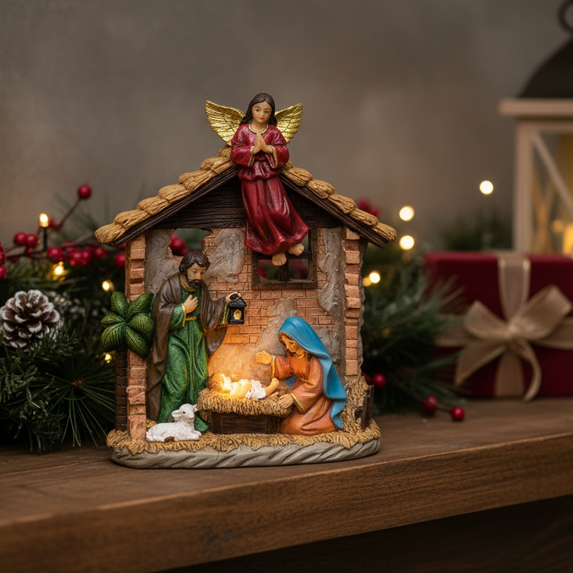 Polyresin Holy Family with Angel, Christmas, Figurine, Holiday Decor