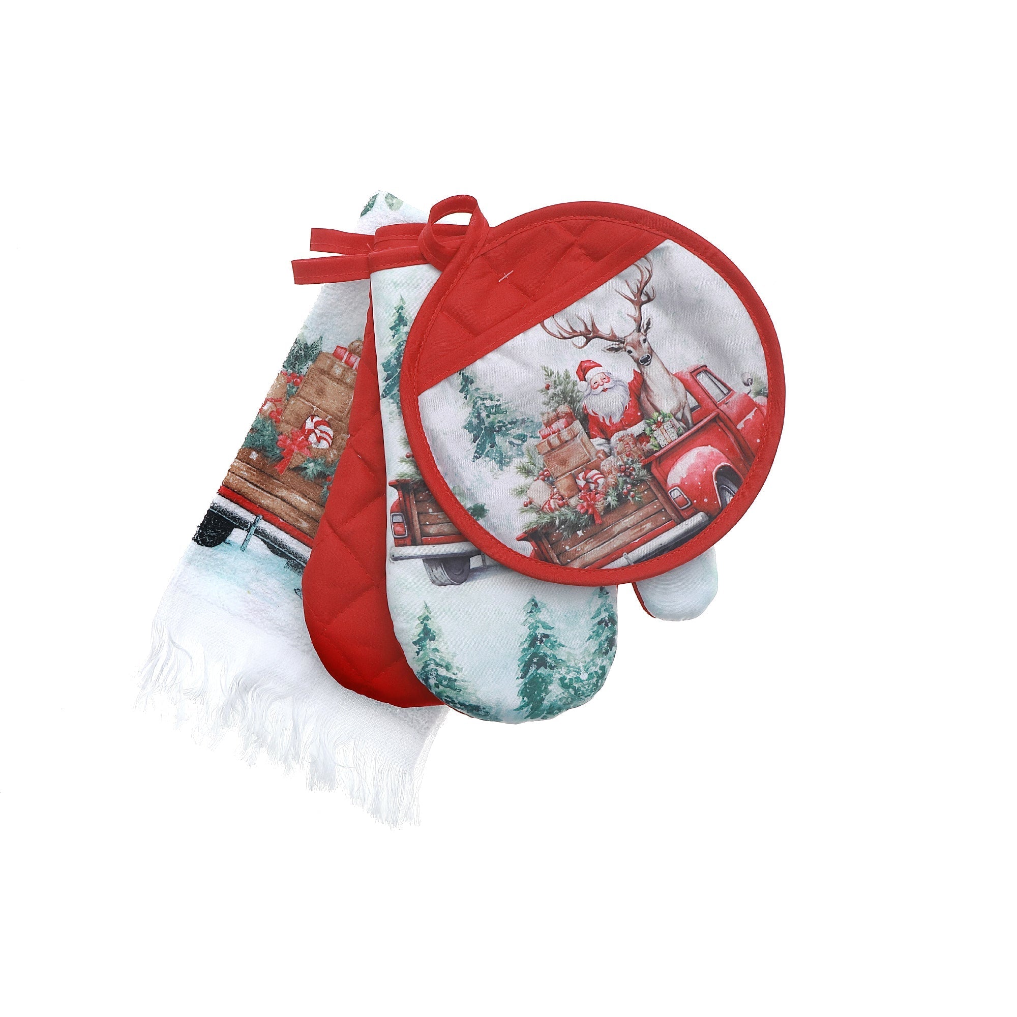 4-Piece Kitchen Set Santa with Deer on Truck – Christmas Kitchen Linens, Holiday Cooking & Baking Accessory, Festive Table Decor