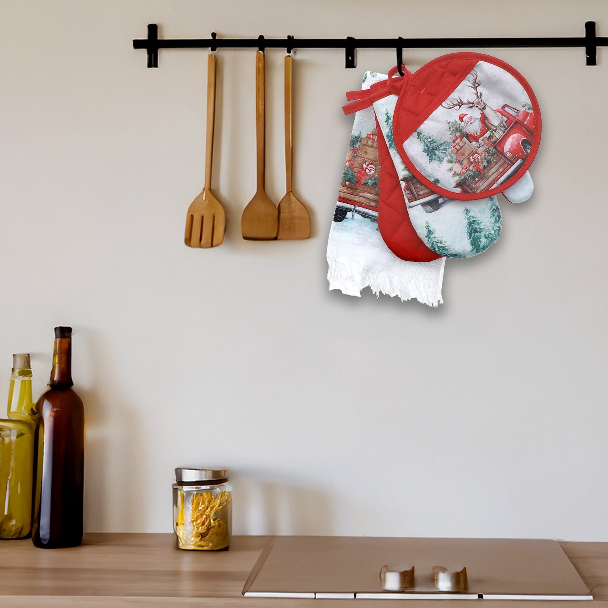 4-Piece Kitchen Set Santa with Deer on Truck – Christmas Kitchen Linens, Holiday Cooking & Baking Accessory, Festive Table Decor