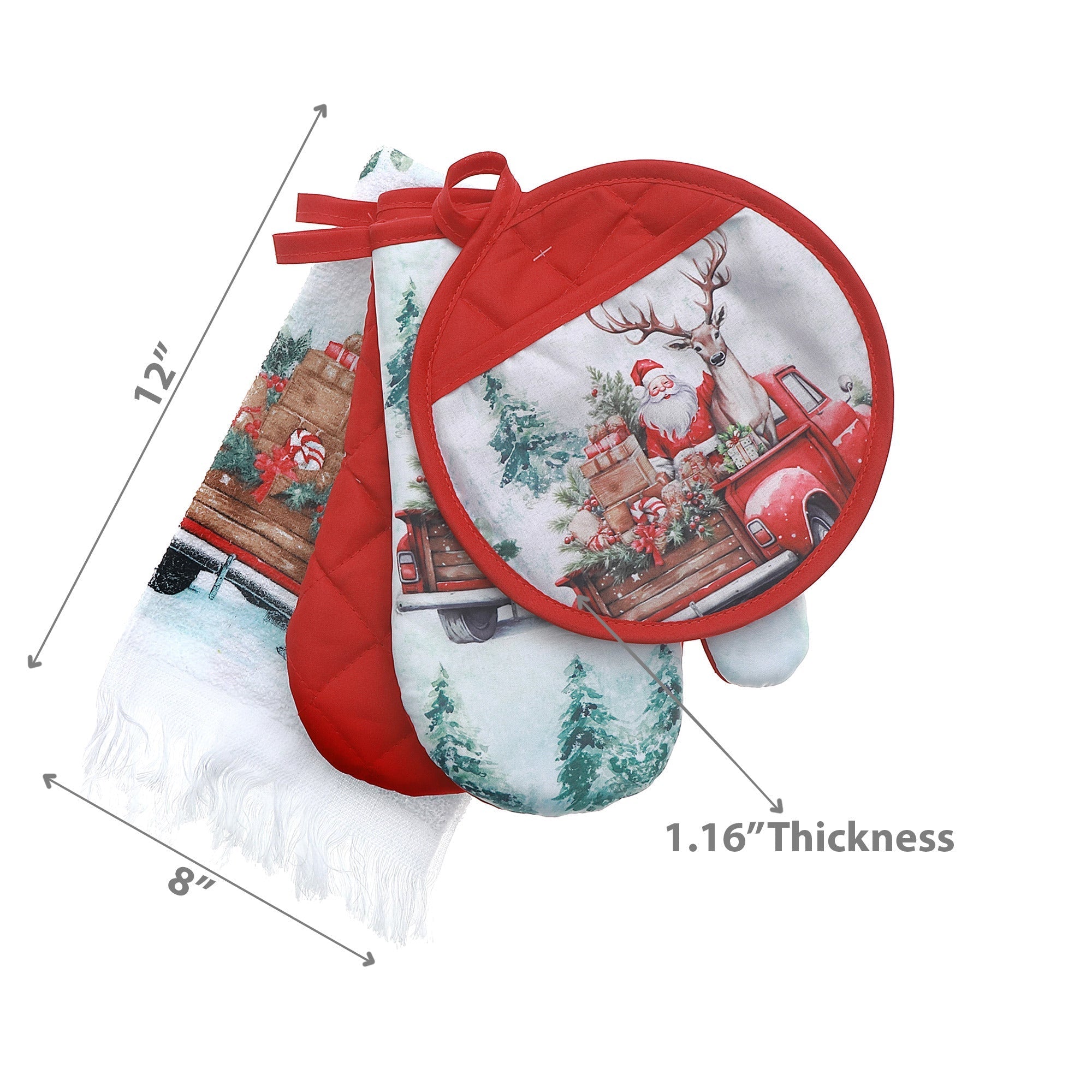 4-Piece Kitchen Set Santa with Deer on Truck – Christmas Kitchen Linens, Holiday Cooking & Baking Accessory, Festive Table Decor