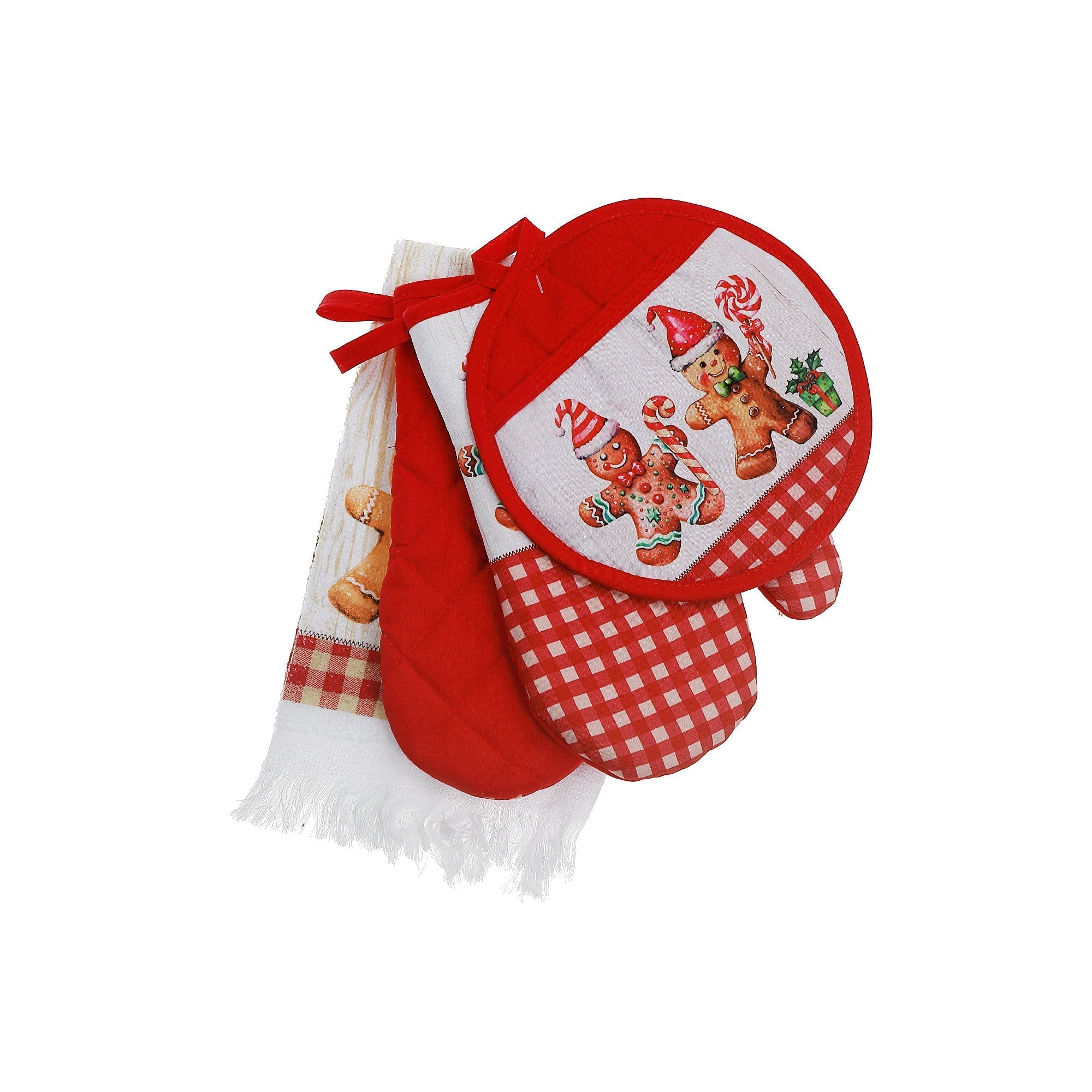 4-Piece Kitchen Set Gingerbread with Border – Christmas Kitchen Linens, Holiday Cooking & Baking Accessory, Festive Table Decor
