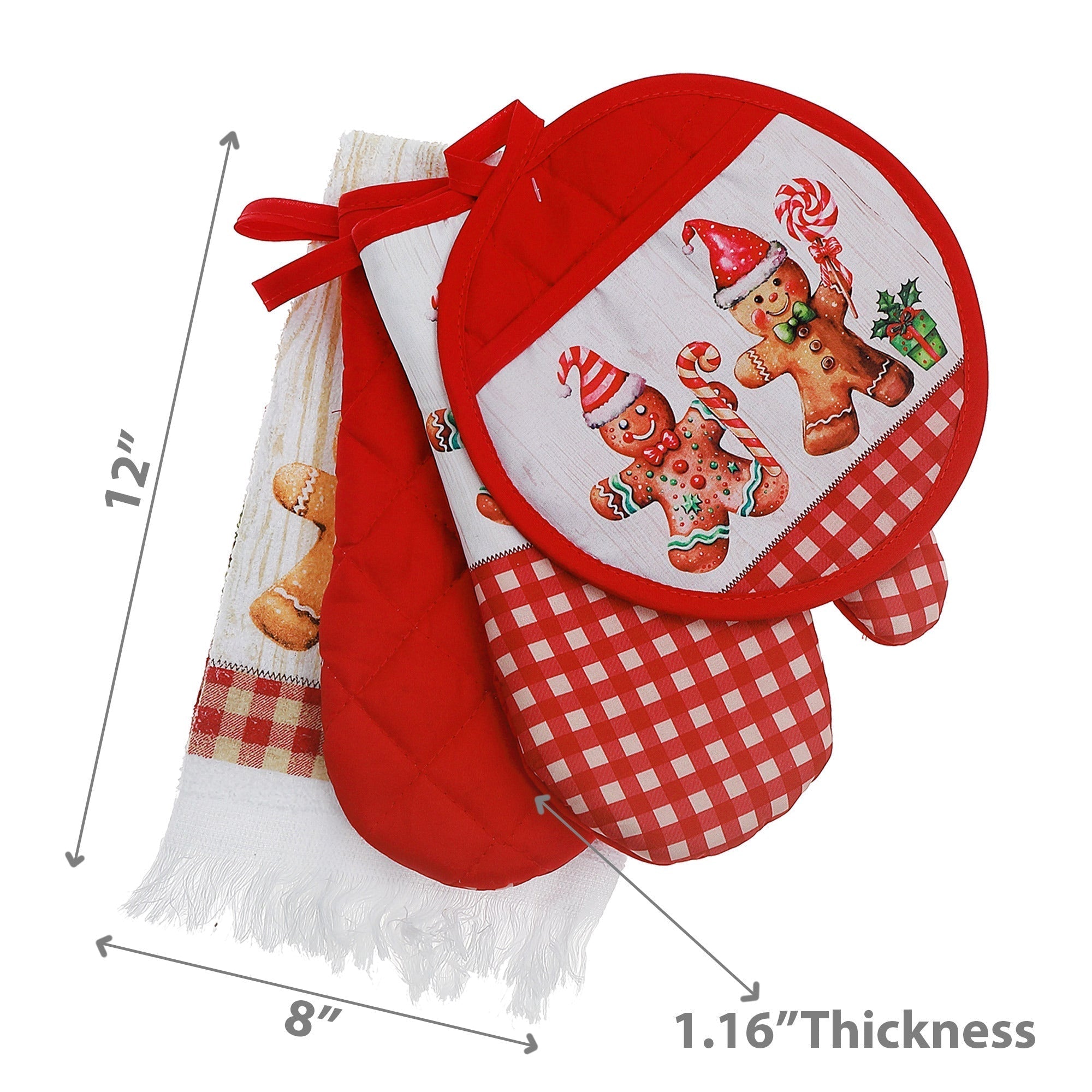 4-Piece Kitchen Set Gingerbread with Border – Christmas Kitchen Linens, Holiday Cooking & Baking Accessory, Festive Table Decor