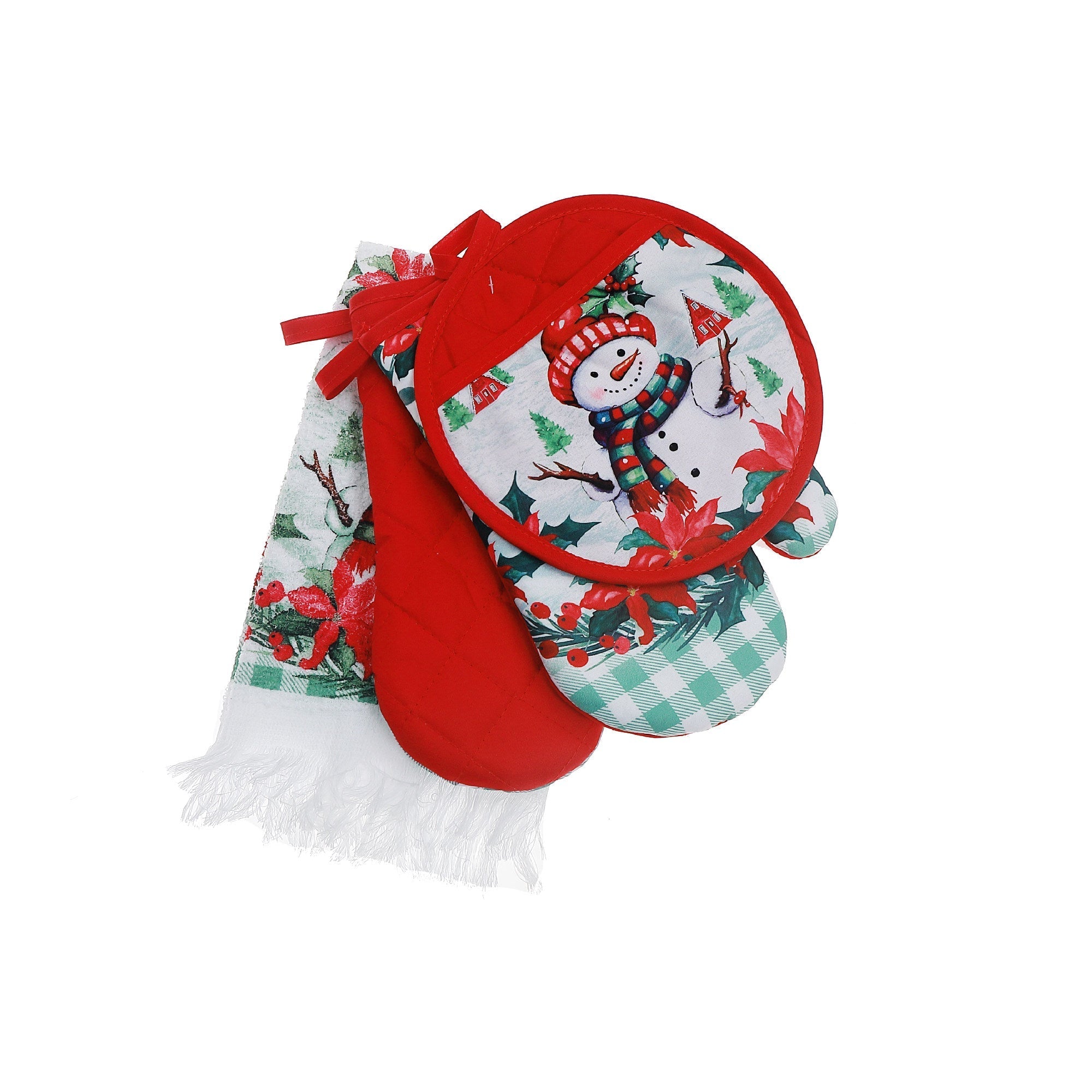 4-Piece Kitchen Set Snowman with Poinsettia – Christmas Kitchen Linens, Holiday Cooking & Baking Accessory, Festive Table Decor