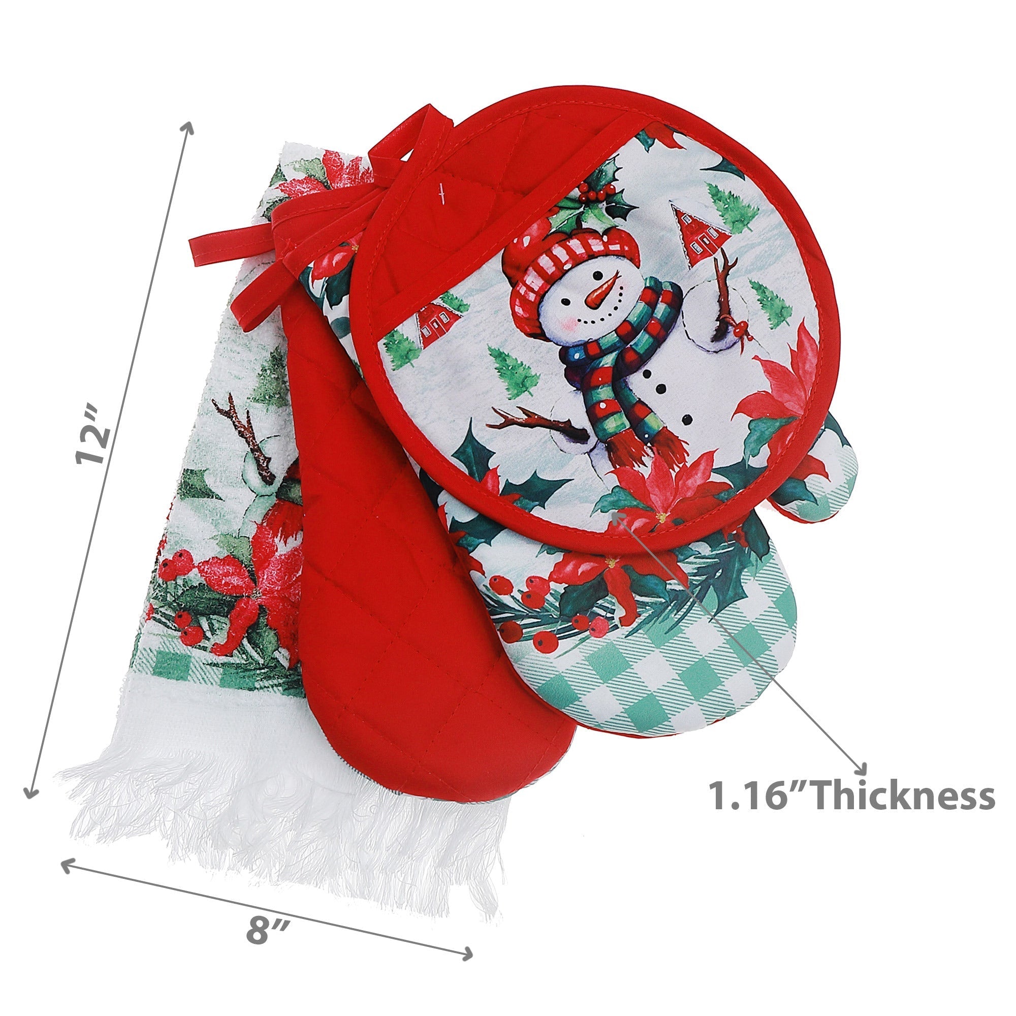 4-Piece Kitchen Set Snowman with Poinsettia – Christmas Kitchen Linens, Holiday Cooking & Baking Accessory, Festive Table Decor