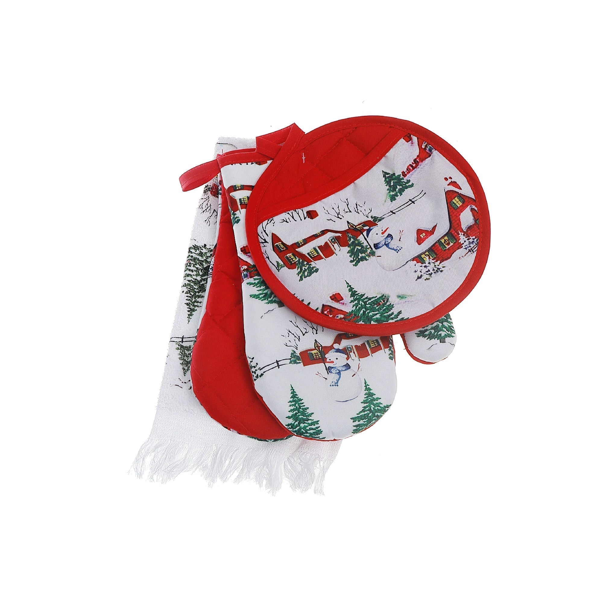 4-Piece Kitchen Set Winter Village – Christmas Kitchen Linens, Holiday Cooking & Baking Accessory, Festive Table Decor
