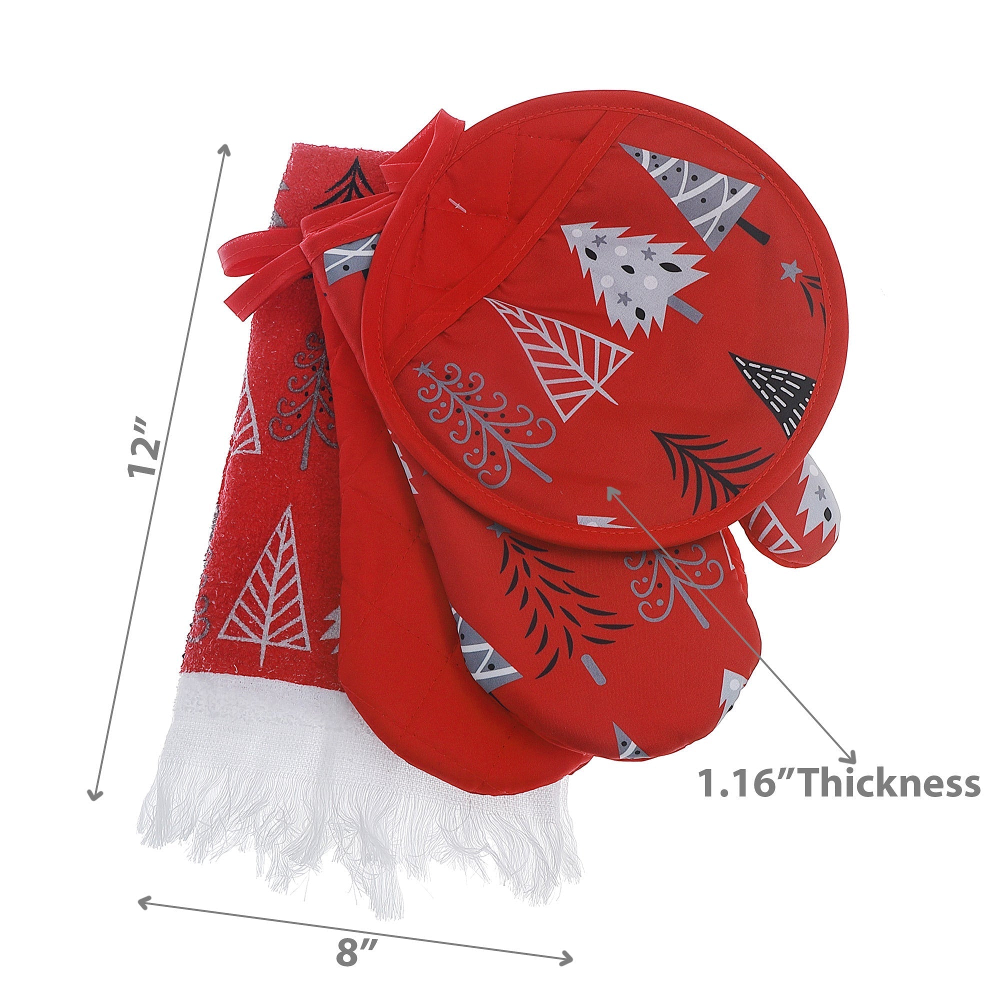 4-Piece Kitchen Set Trees Pattern – Christmas Kitchen Linens, Holiday Cooking & Baking Accessory, Festive Table Decor
