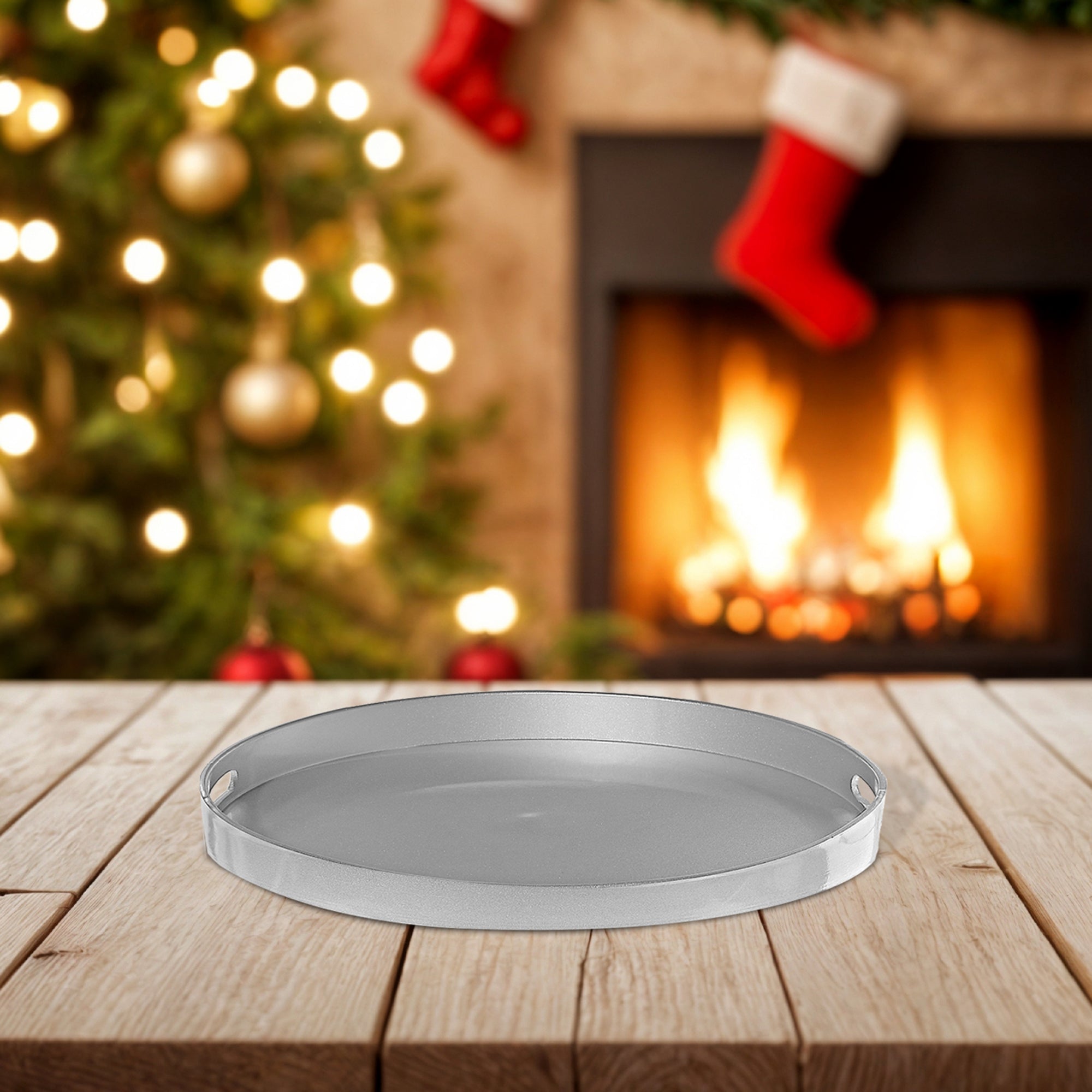 Round Silver Serving Tray with Handle – Holiday Party, Christmas Table Decor, Entertaining Platter, Seasonal Tray