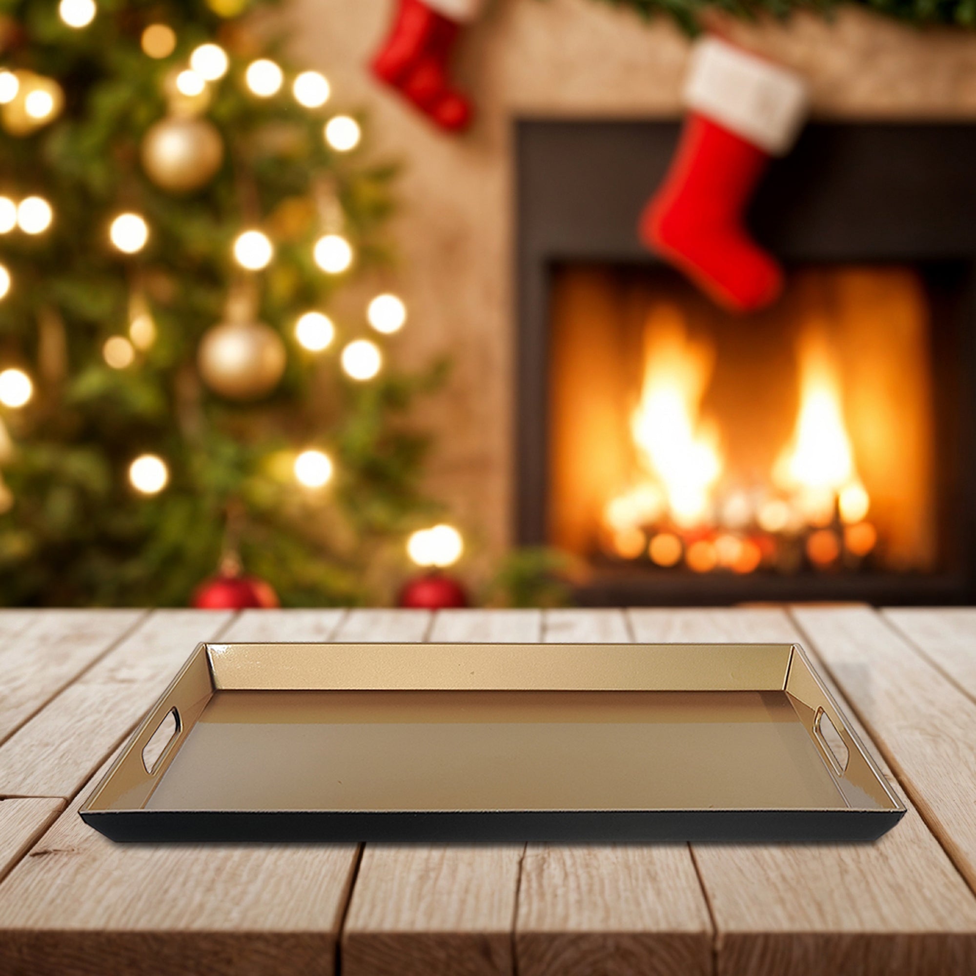 Rectangular Gold Serving Tray with Handle – Christmas Table Serving, Holiday Entertaining, Festive Party Decor