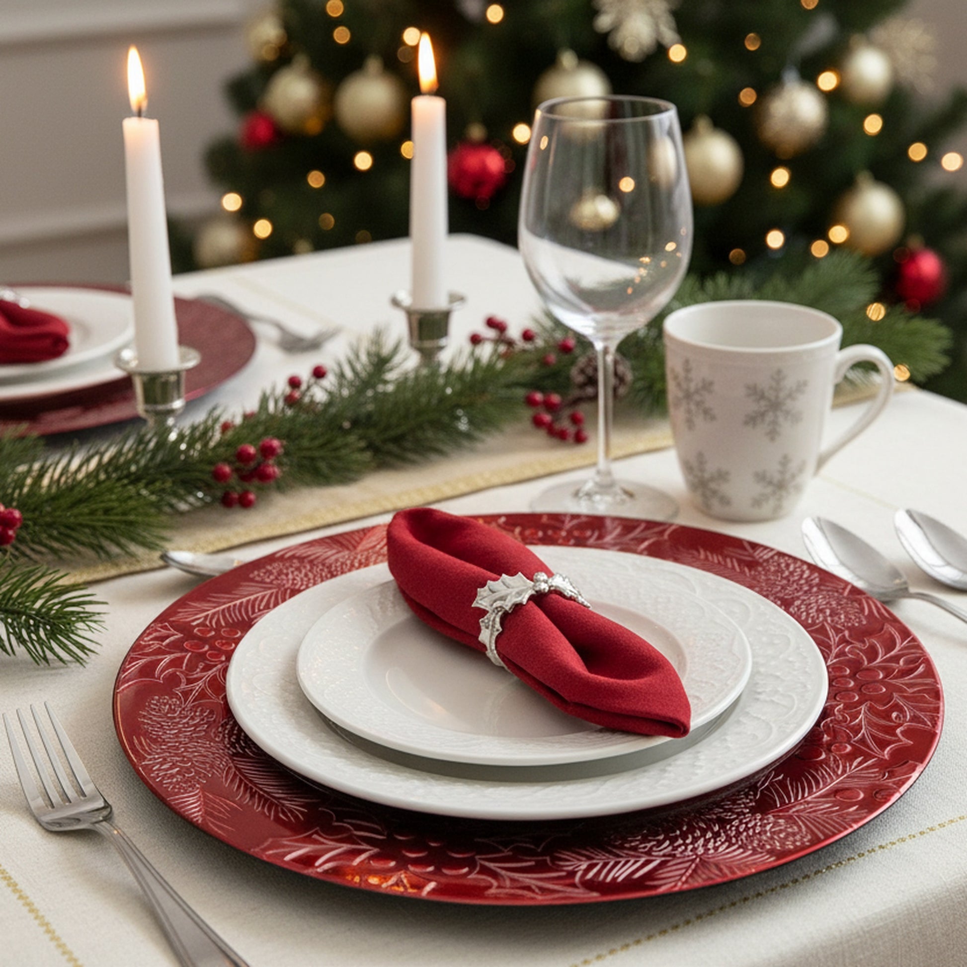 Embossed Holly and Ivy Charger Plate Red, Christmas, Charger Plate, Holiday Decor- Set of 6