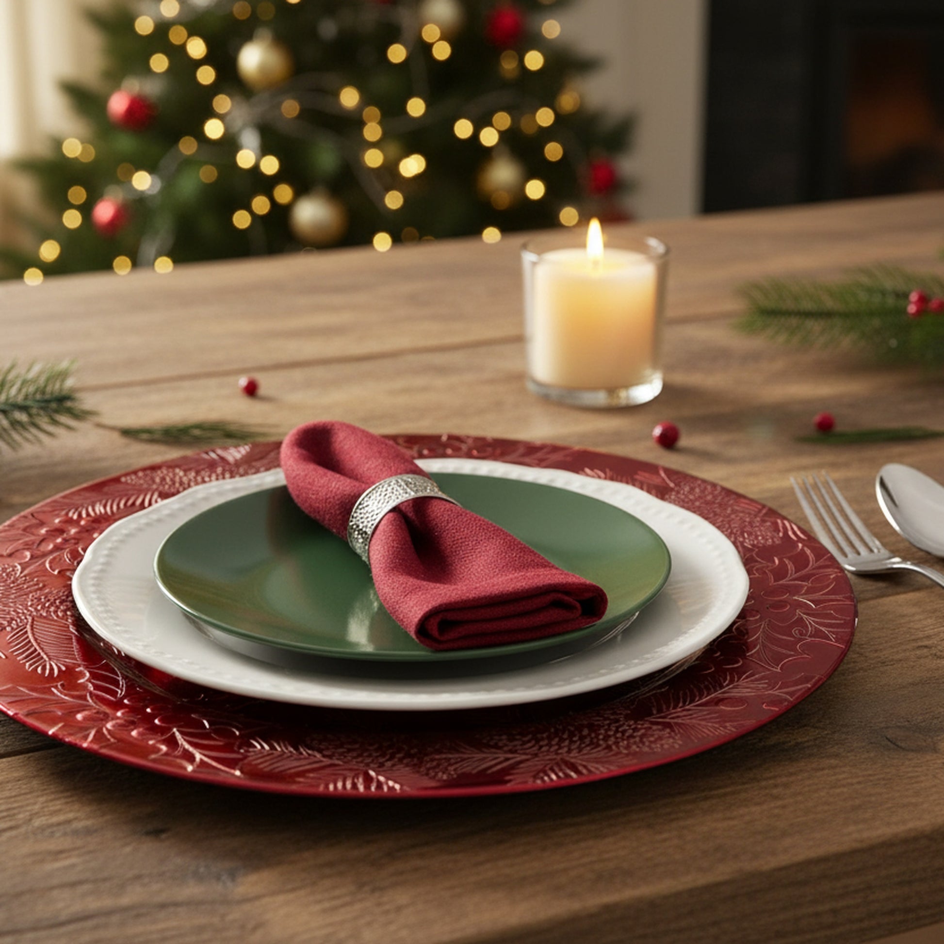 Embossed Holly and Ivy Charger Plate Red, Christmas, Charger Plate, Holiday Decor- Set of 6