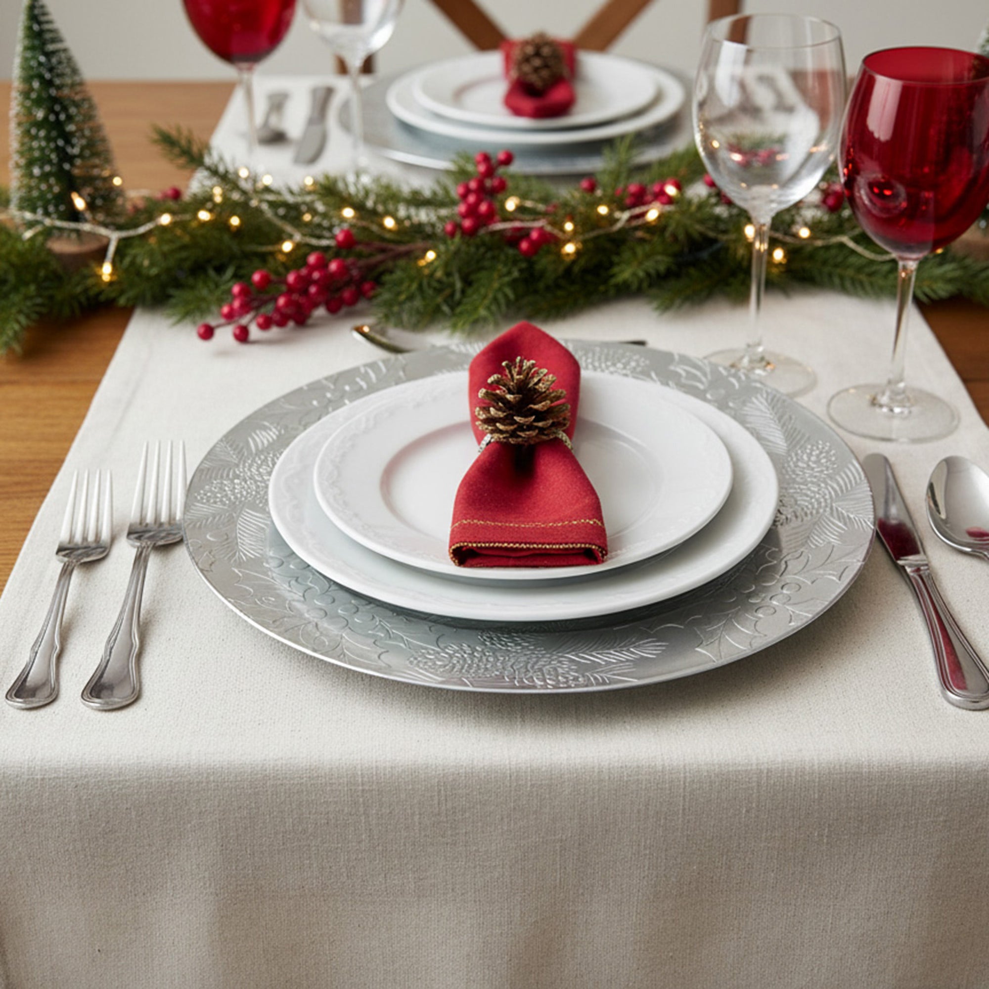 Embossed Holly and Ivy Charger Plate Silver, Christmas, Charger Plate, Holiday Decor- Set of 6