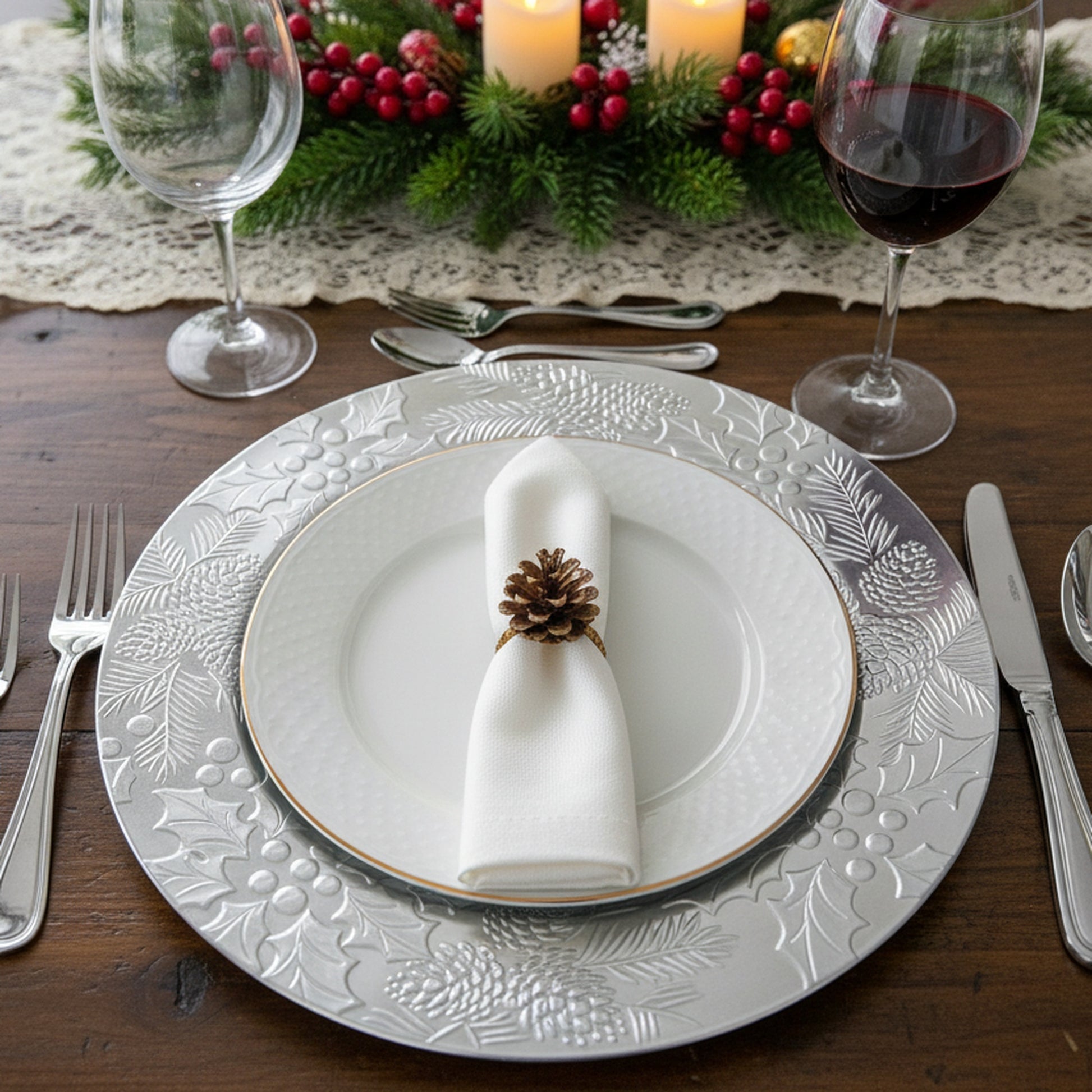 Embossed Holly and Ivy Charger Plate Silver, Christmas, Charger Plate, Holiday Decor- Set of 6