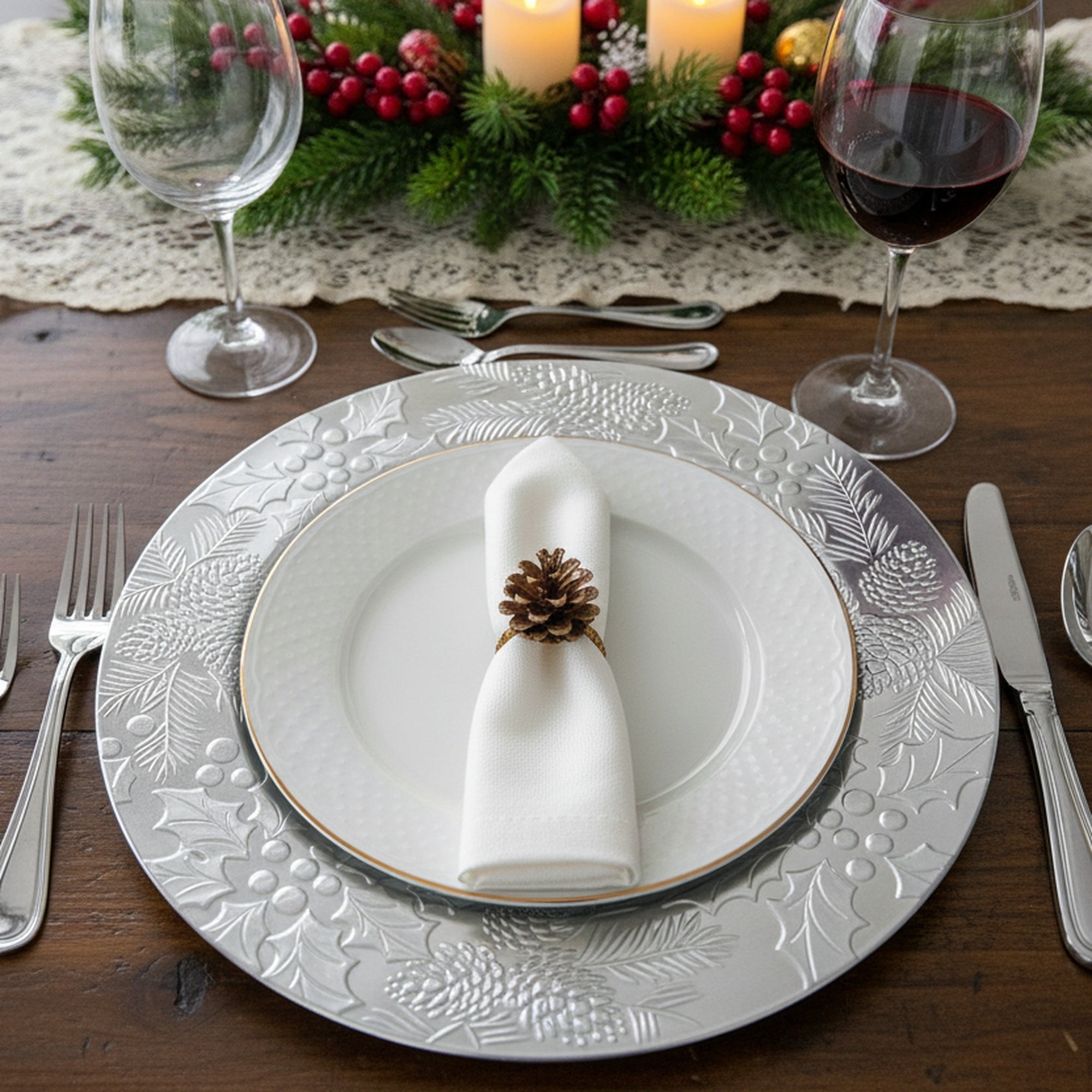 Embossed Holly and Ivy Charger Plate Silver, Christmas, Charger Plate, Holiday Decor- Set of 6