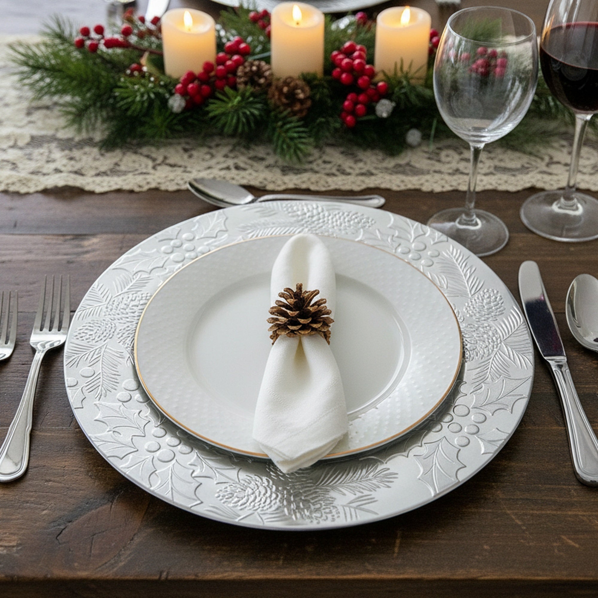Embossed Holly and Ivy Charger Plate Silver, Christmas, Charger Plate, Holiday Decor- Set of 6