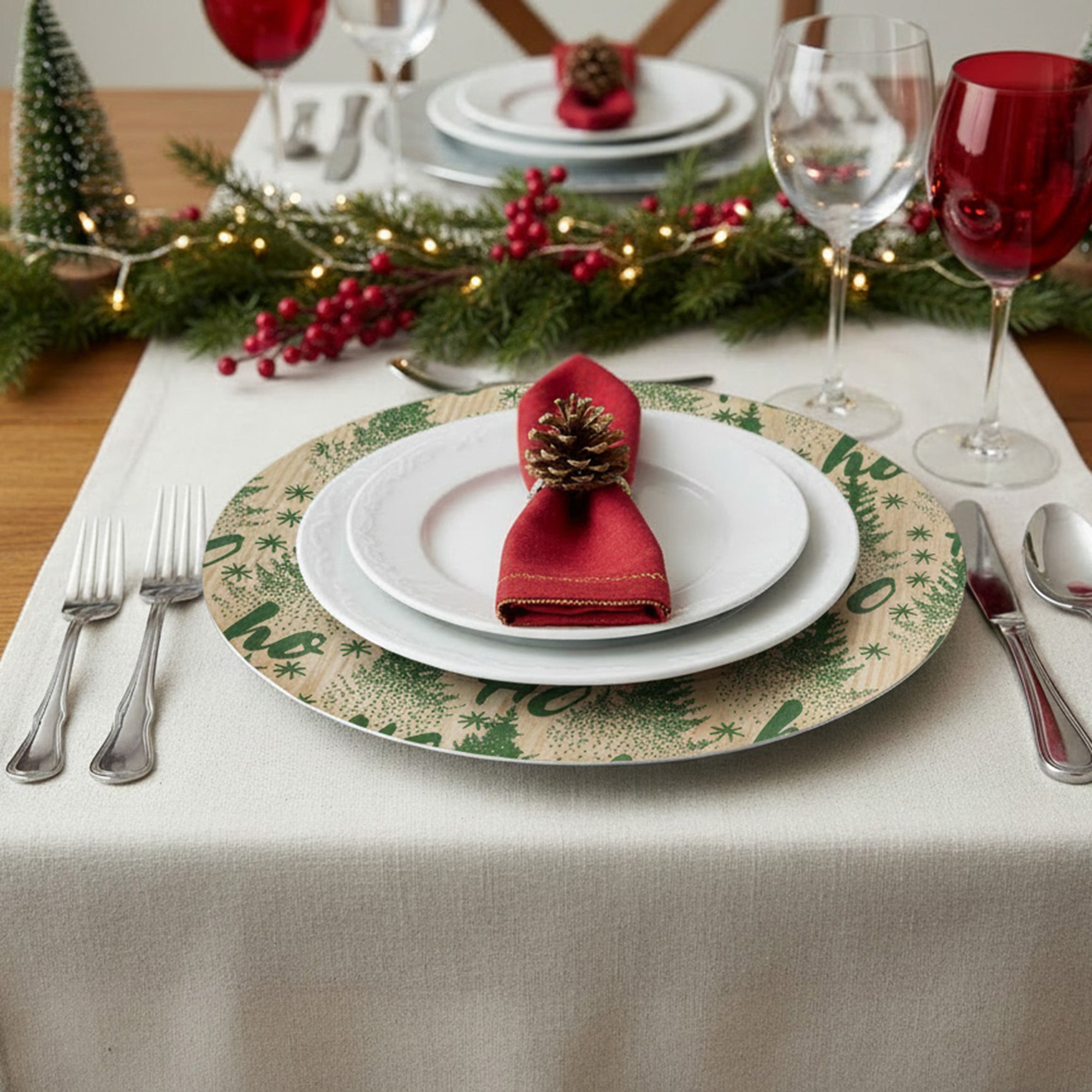 Green Bamboo Finish Charger Plate Ho Ho Ho, Charger Plate, Holiday Decor- Set of 6