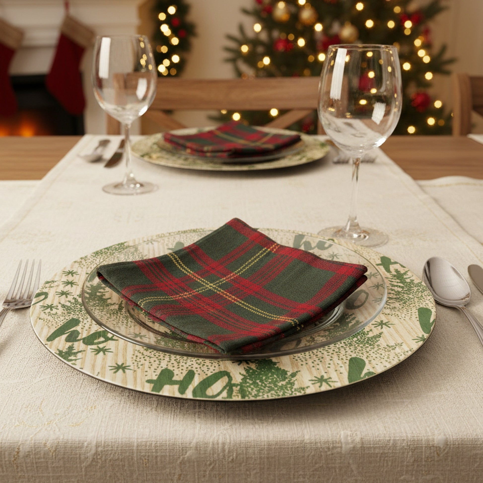 Green Bamboo Finish Charger Plate Ho Ho Ho, Charger Plate, Holiday Decor- Set of 6