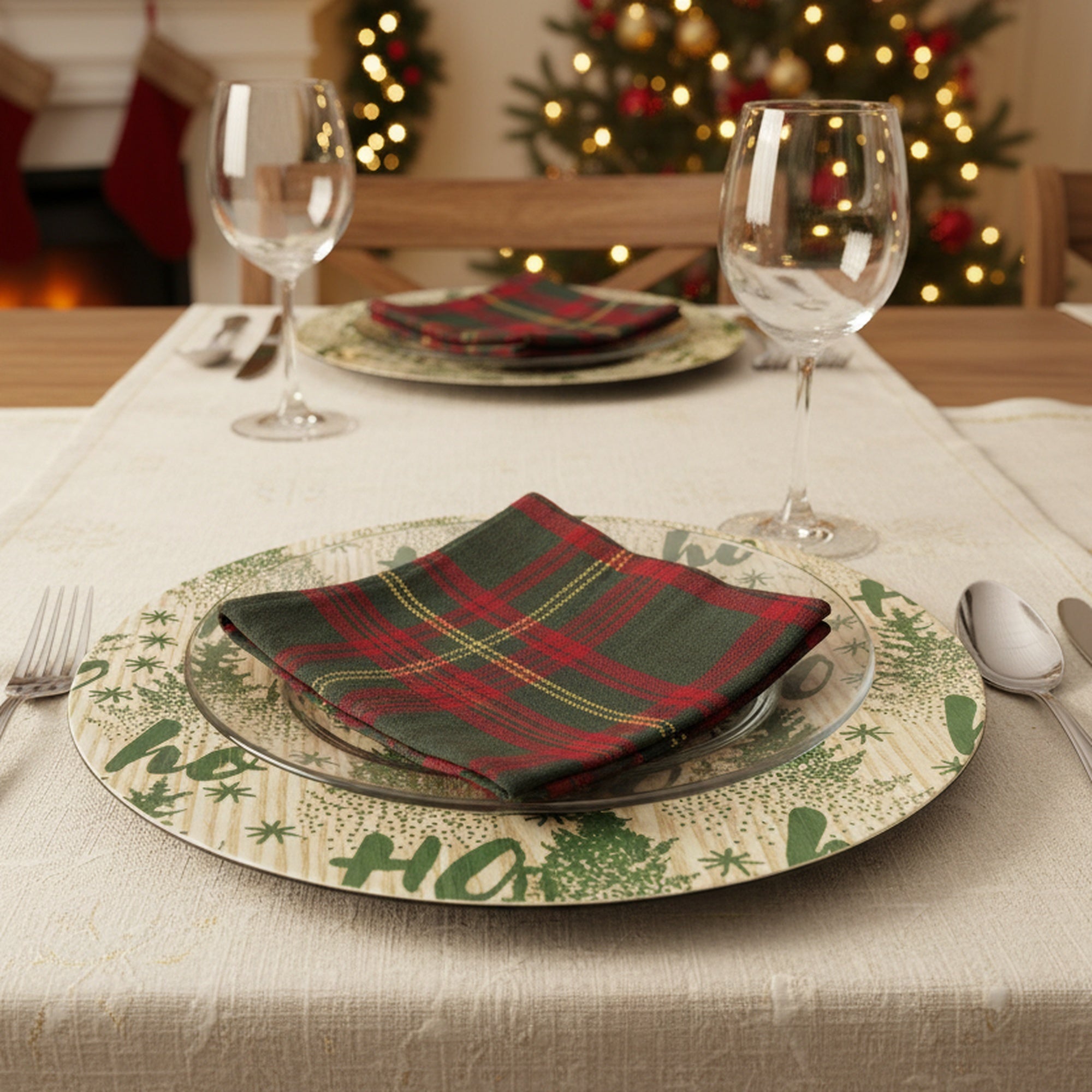Green Bamboo Finish Charger Plate Ho Ho Ho, Charger Plate, Holiday Decor- Set of 6