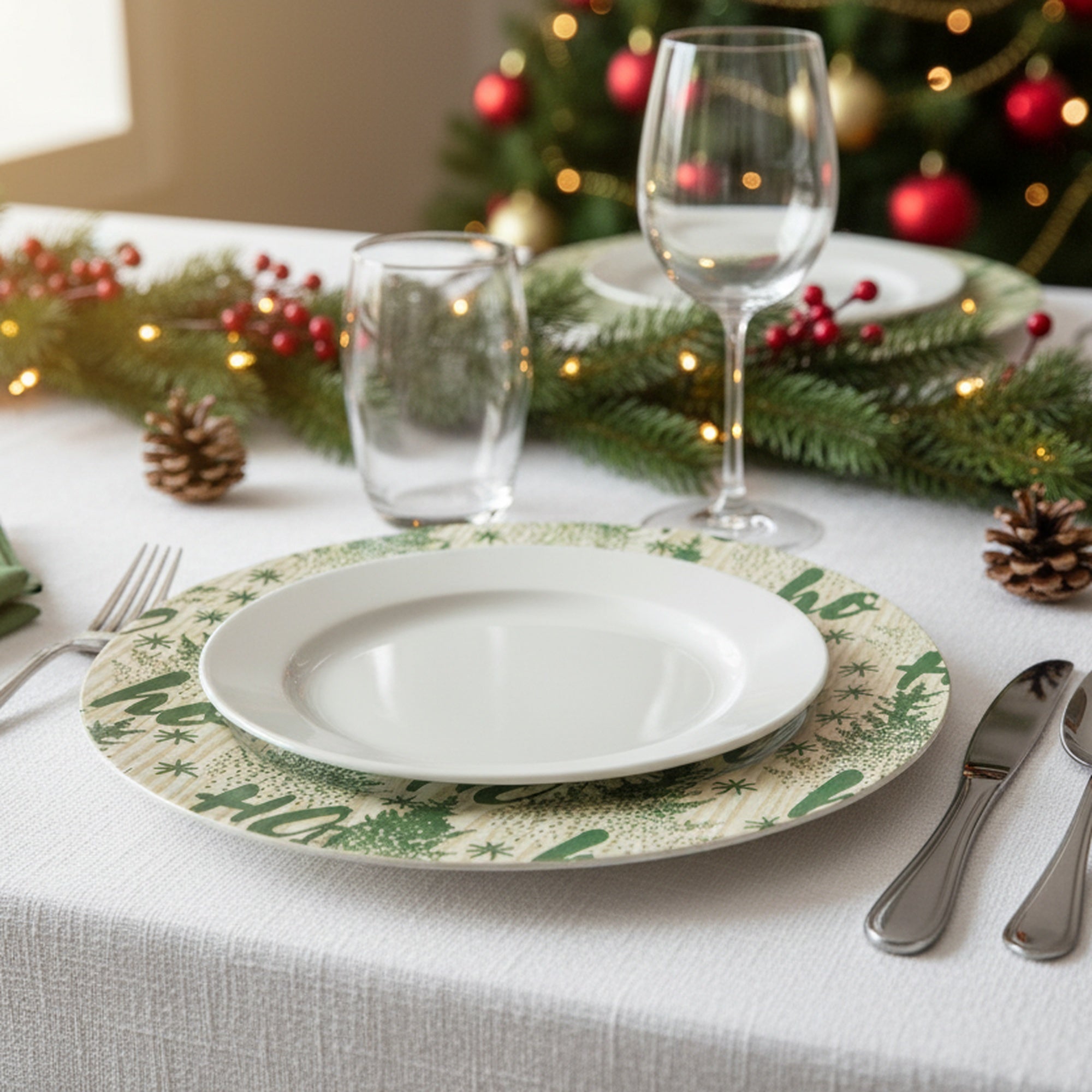 Green Bamboo Finish Charger Plate Ho Ho Ho, Charger Plate, Holiday Decor- Set of 6