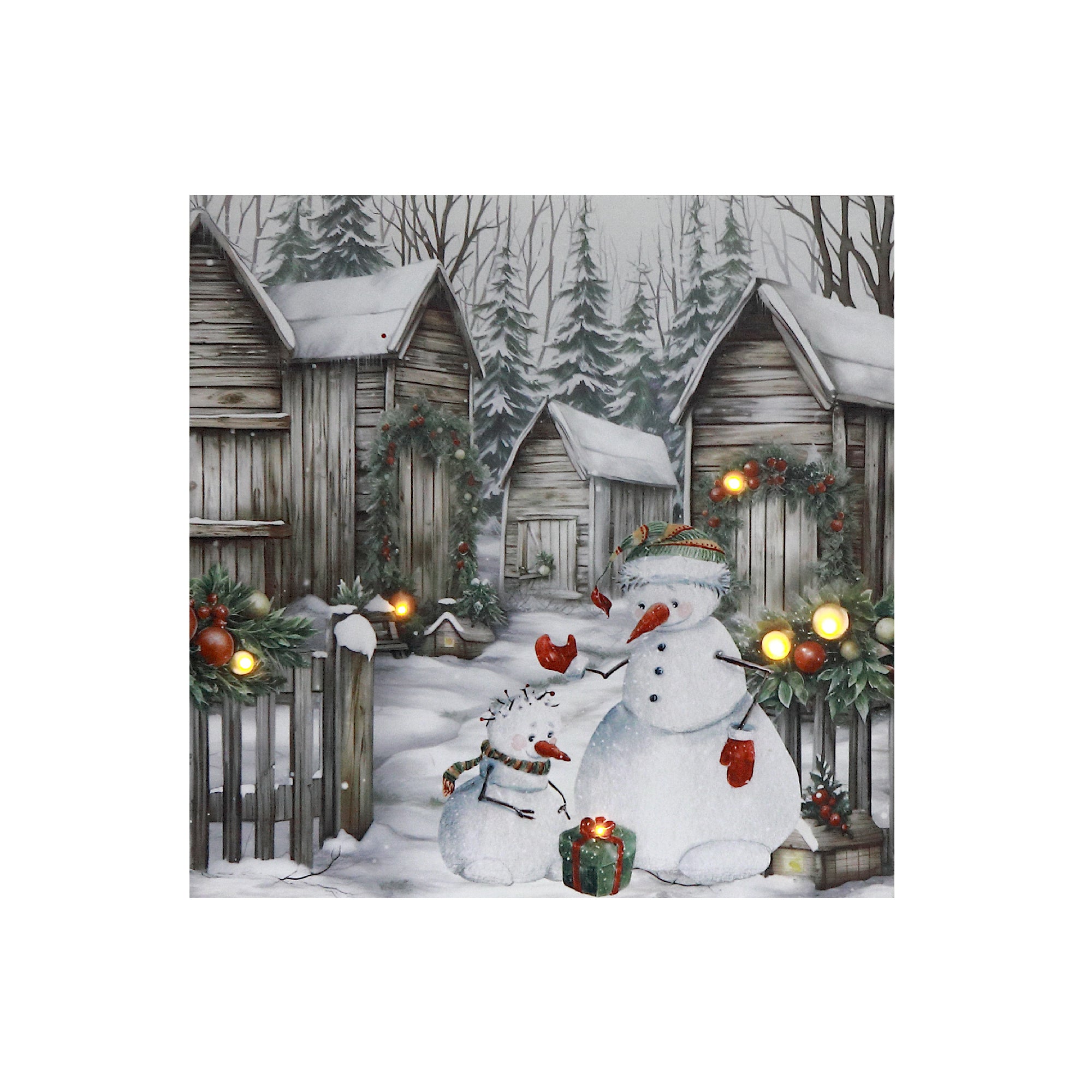 LED Canvas Wall Art with Timer Snowman with Houses – Christmas Wall Decor, Holiday Winter Canvas, Illuminated Seasonal Artwork, Festive Home Decoration