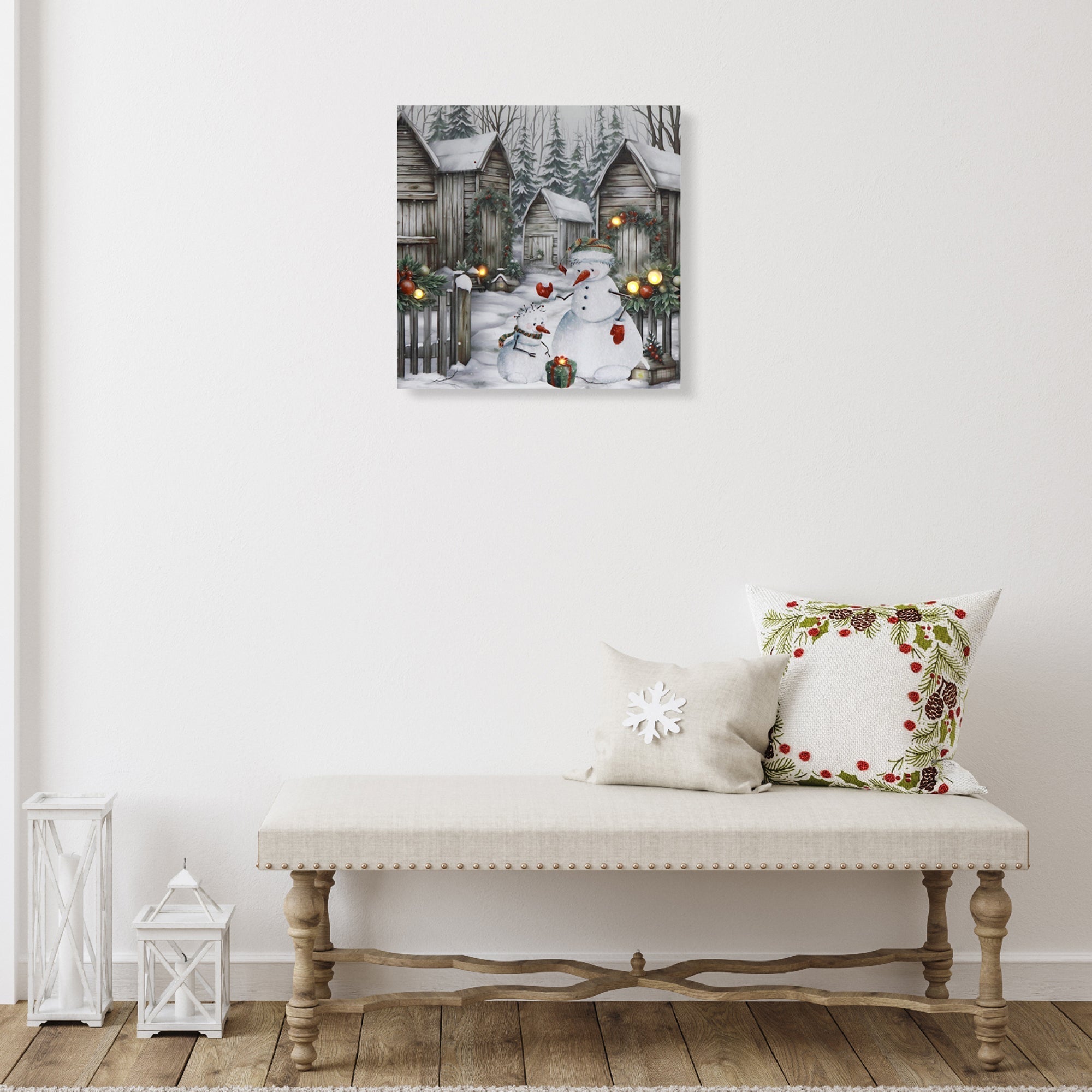 LED Canvas Wall Art with Timer Snowman with Houses – Christmas Wall Decor, Holiday Winter Canvas, Illuminated Seasonal Artwork, Festive Home Decoration