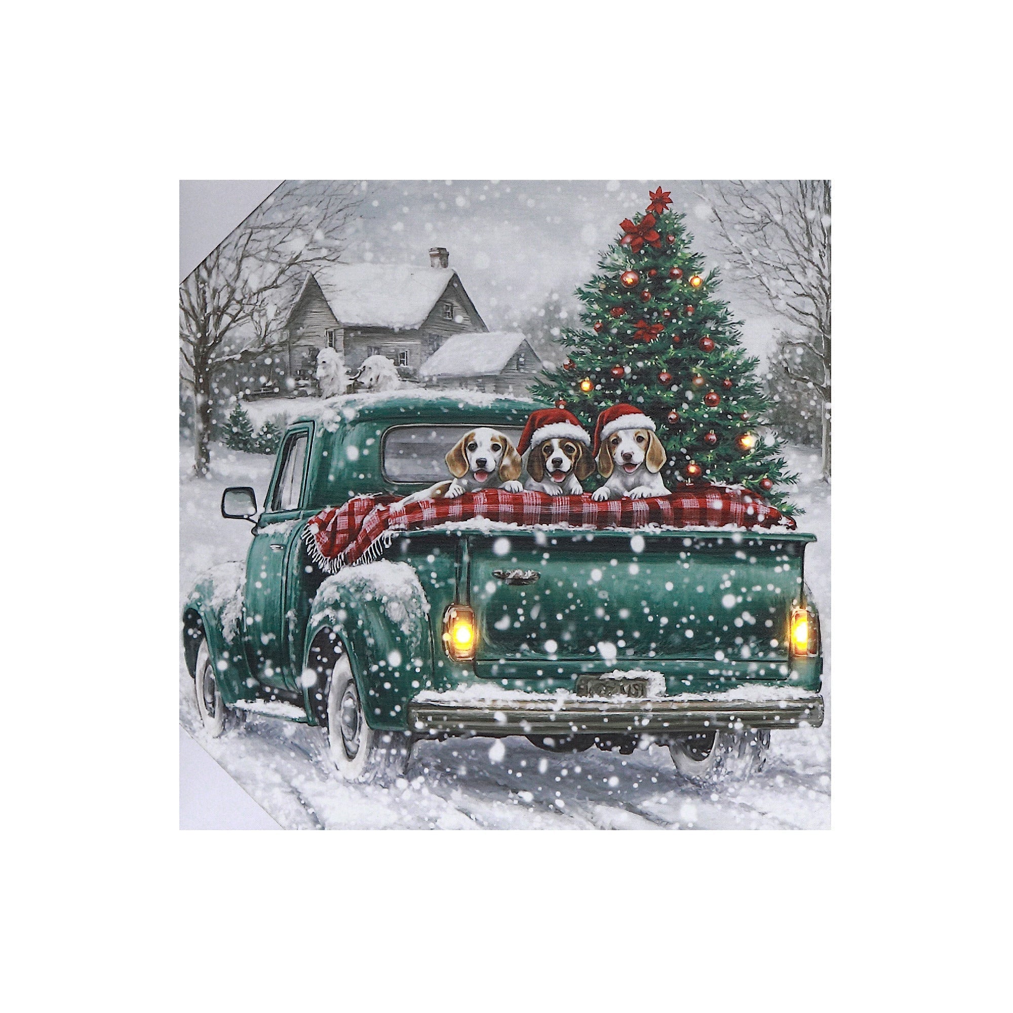 LED Canvas Wall Art with Timer Truck with Puppies – Christmas Wall Decor, Holiday Canvas Artwork, Festive Pet Scene, Illuminated Winter Decoration