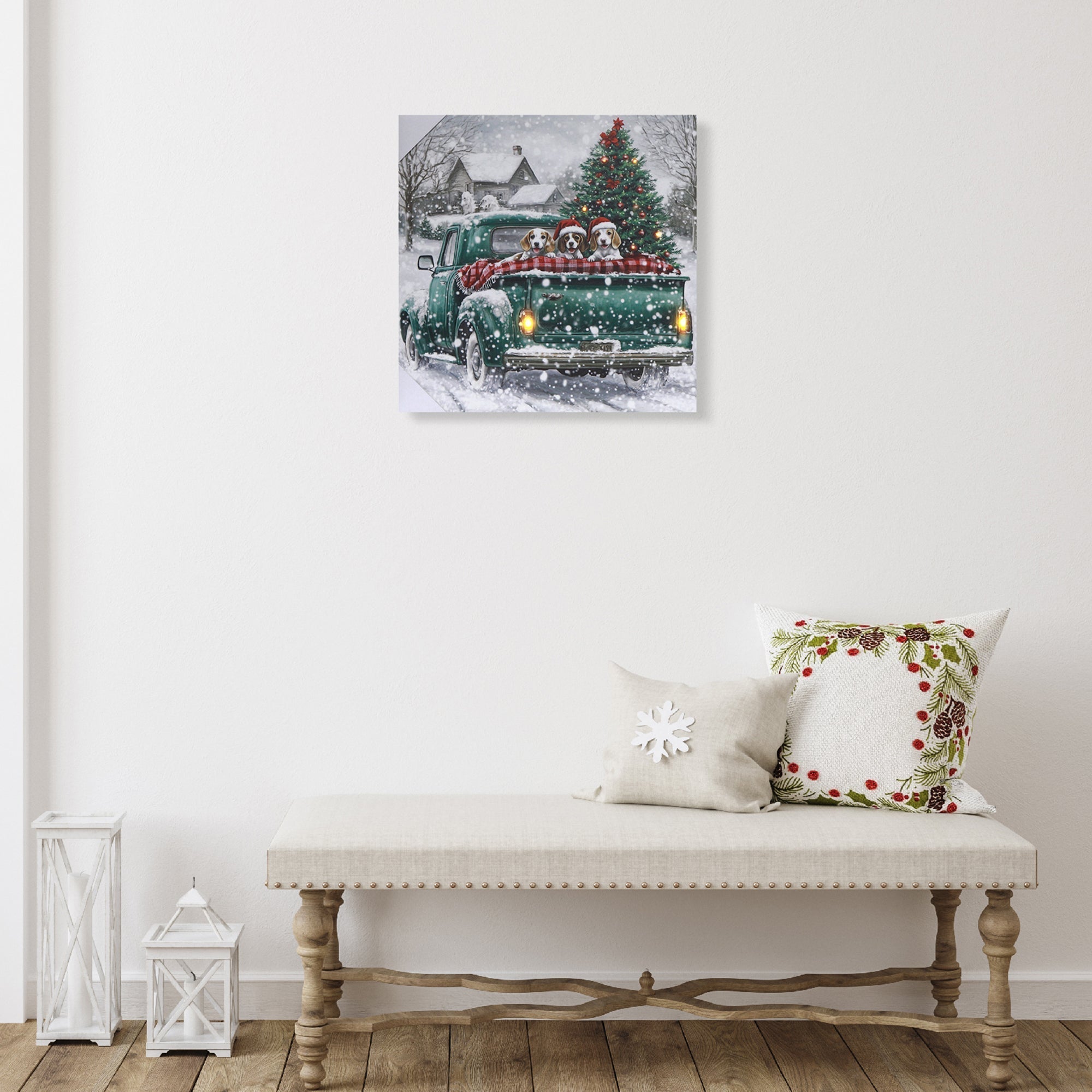 LED Canvas Wall Art with Timer Truck with Puppies – Christmas Wall Decor, Holiday Canvas Artwork, Festive Pet Scene, Illuminated Winter Decoration