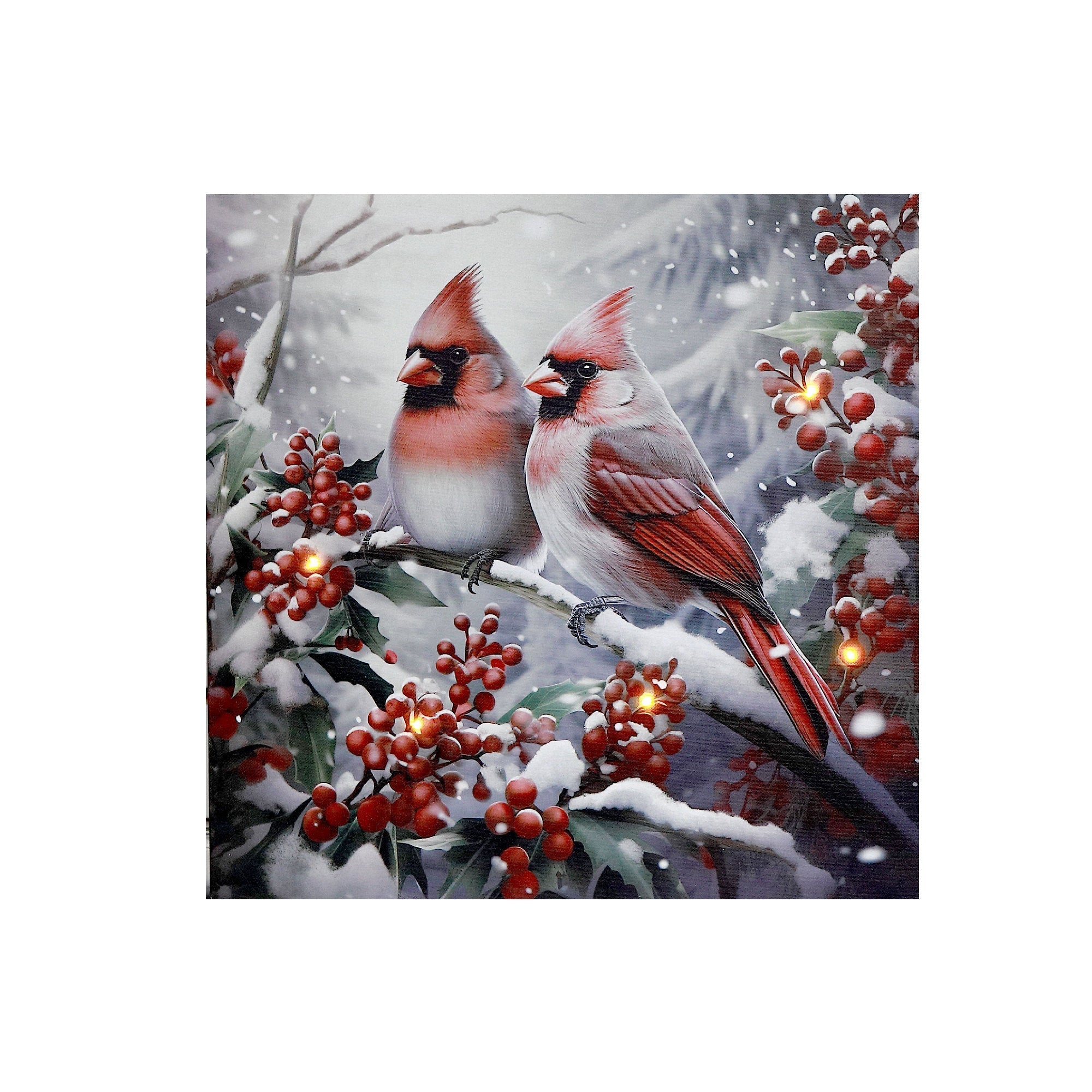 LED Canvas Wall Art with Timer Cardinal with Berries – Christmas Wall Decor, Holiday Birds Artwork, Illuminated Seasonal Canvas, Festive Home Decoration